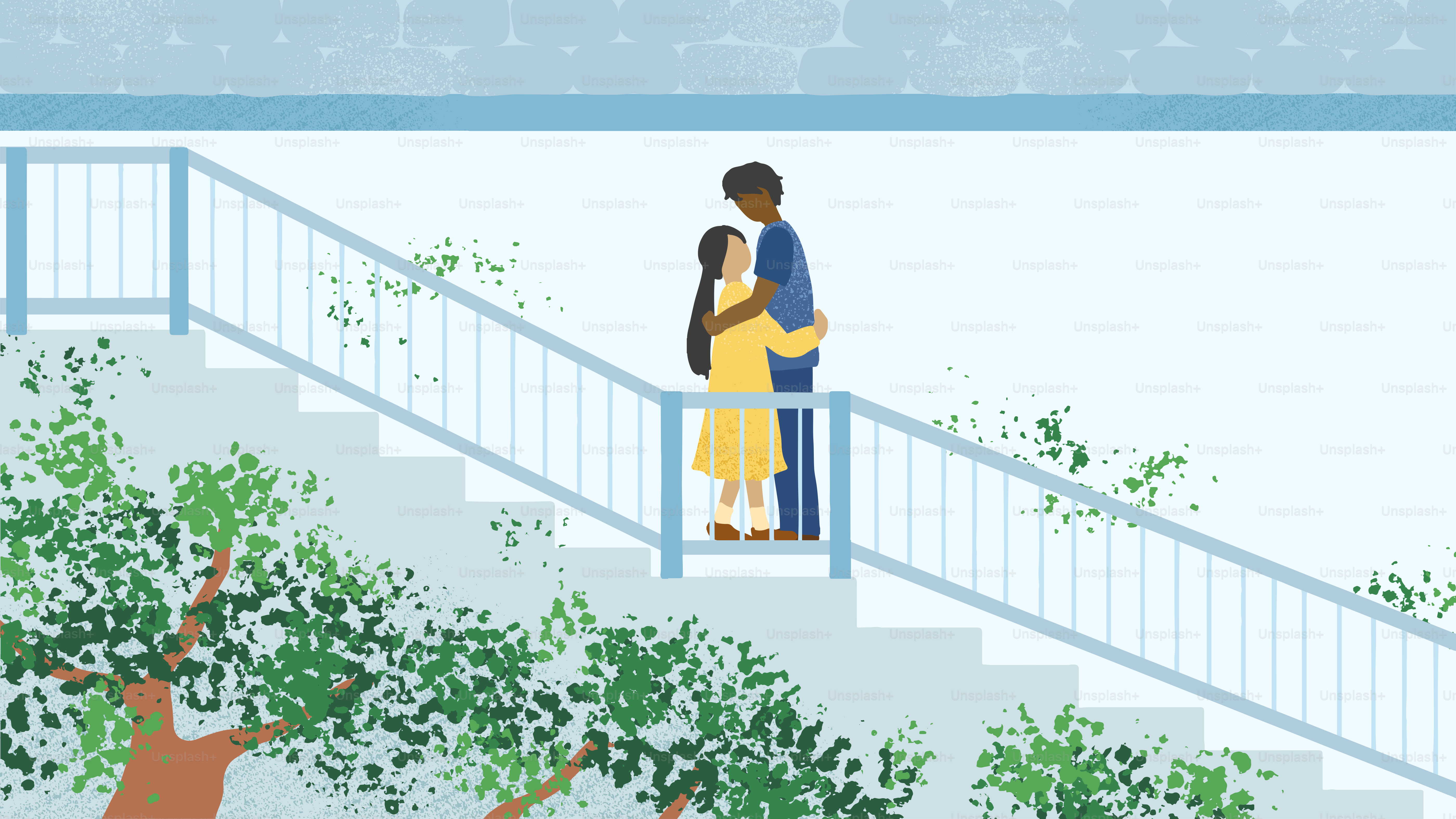 A man and a woman are standing on a staircase