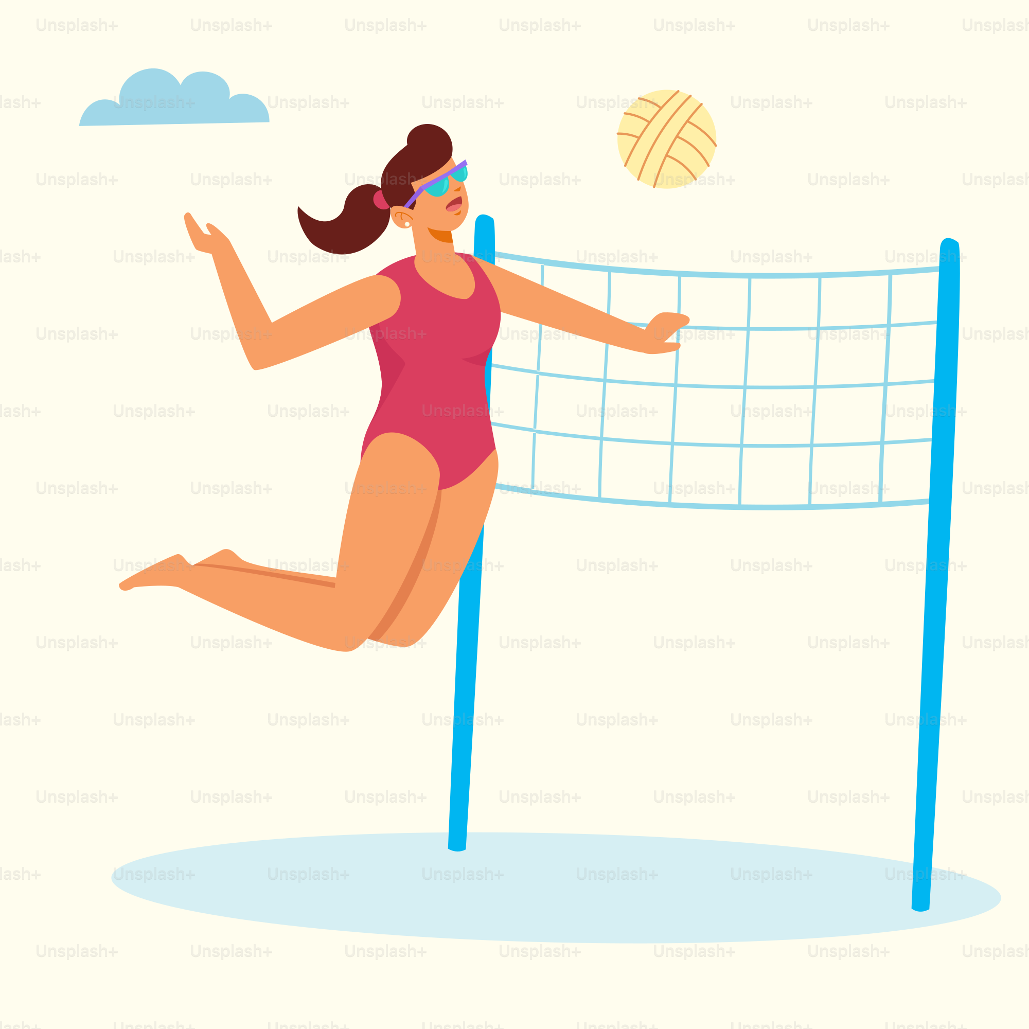 Una donna in costume da bagno che salta per colpire una pallavolo