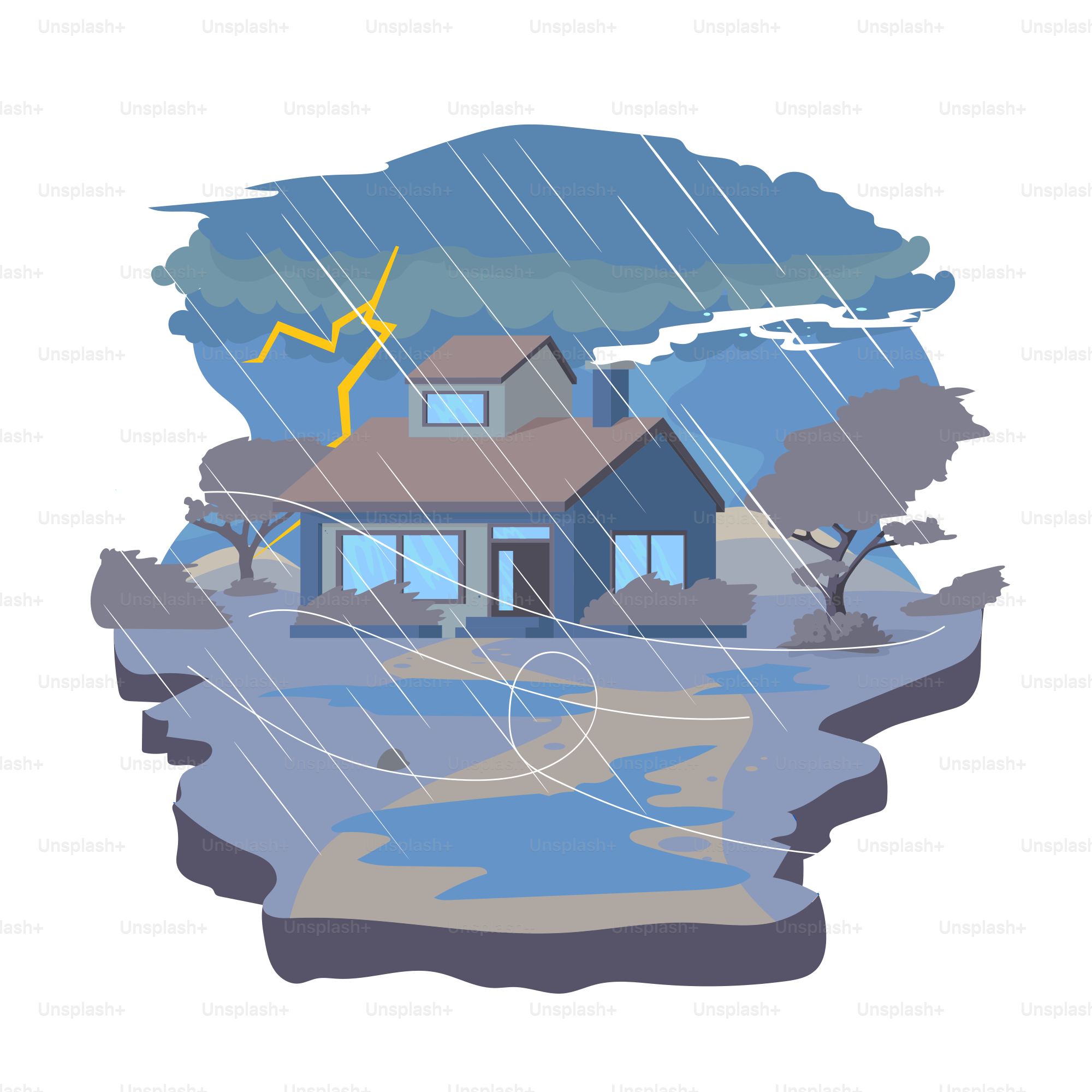 A picture of a house in the rain