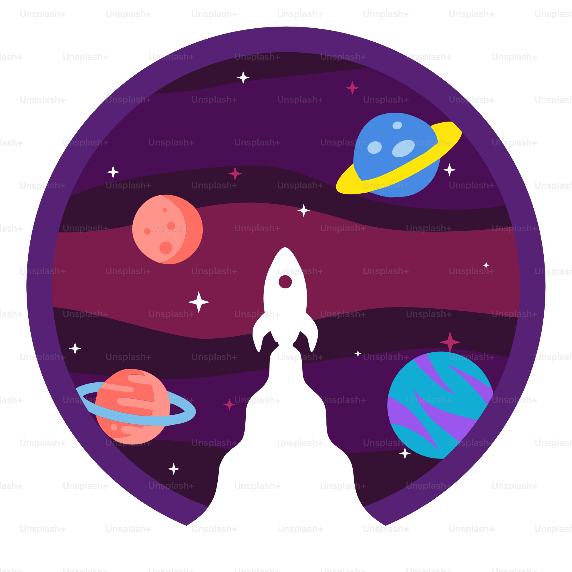 A space shuttle flying through the sky with planets around it