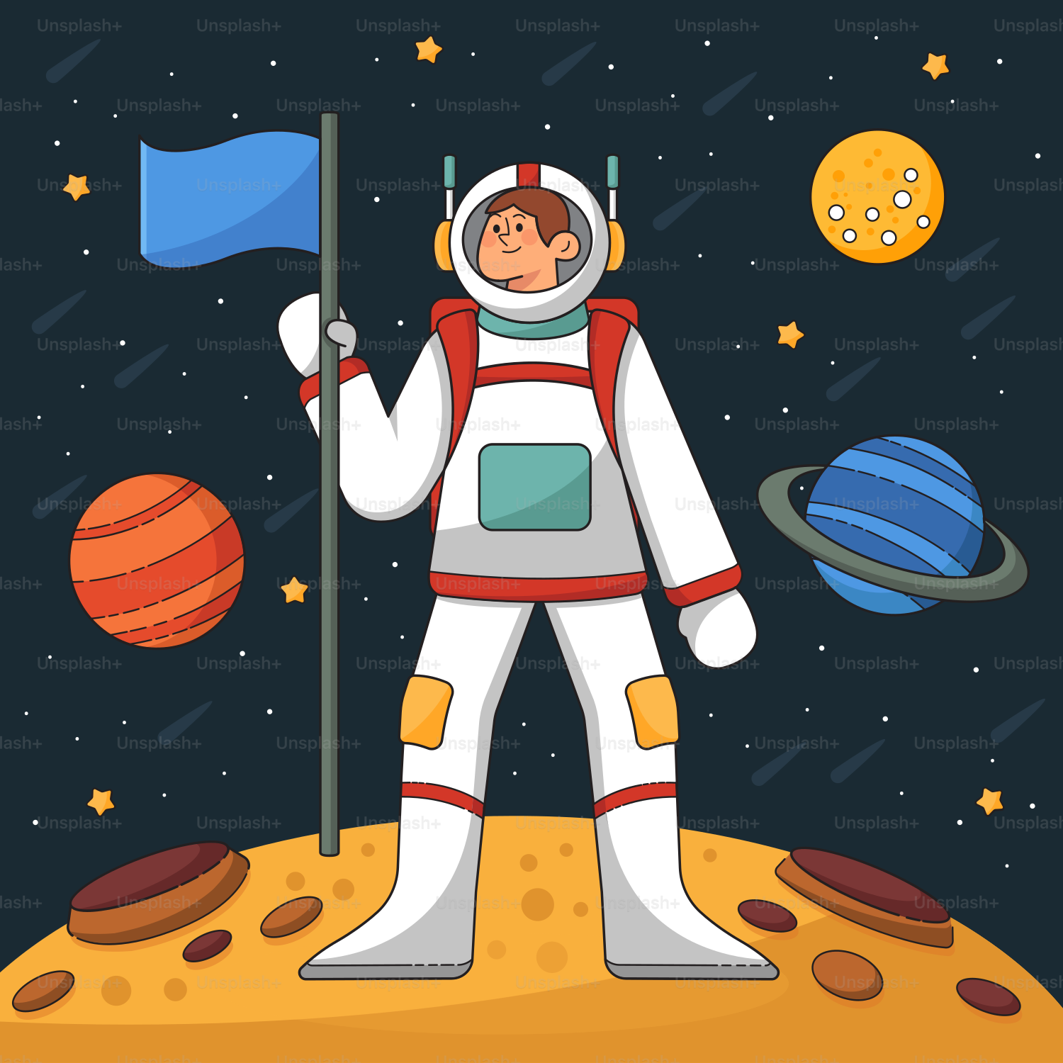 Un hombre con traje espacial sosteniendo una bandera