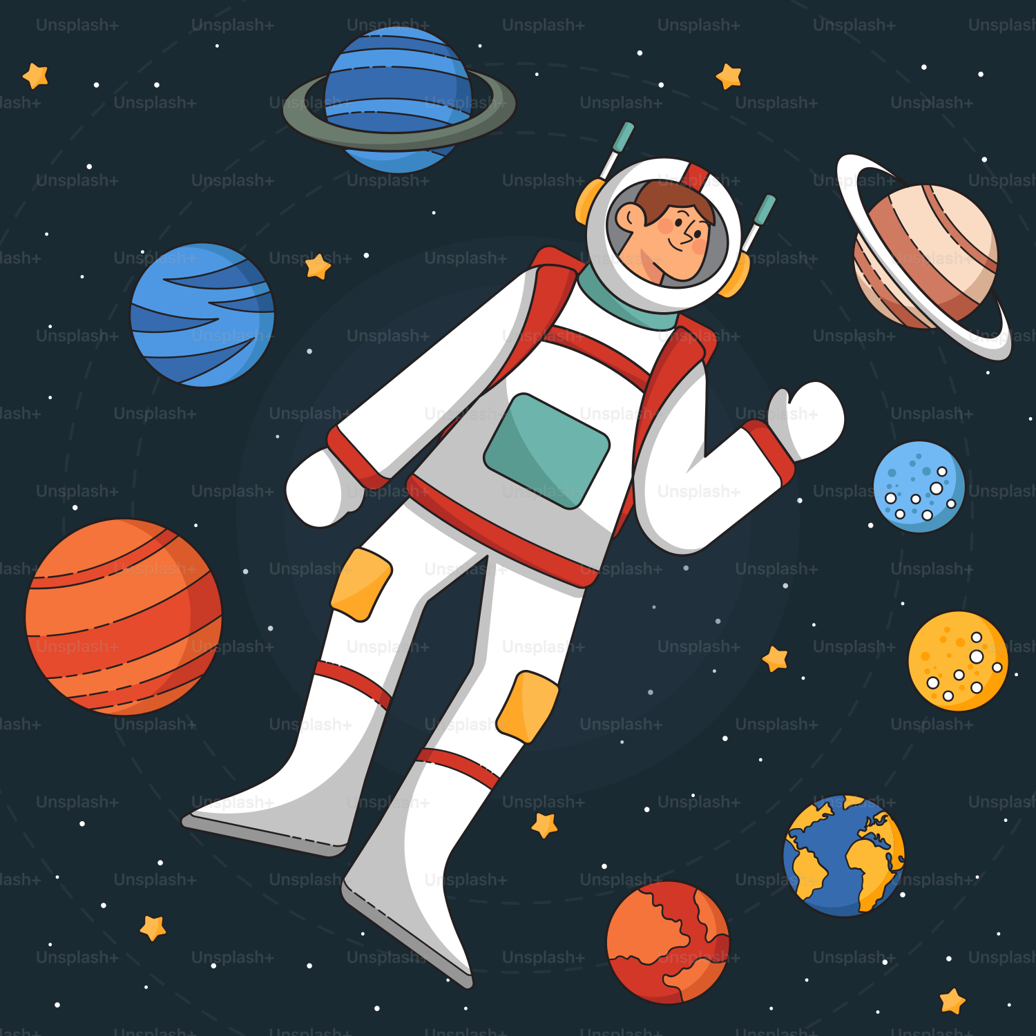 An astronaut floating in space surrounded by planets