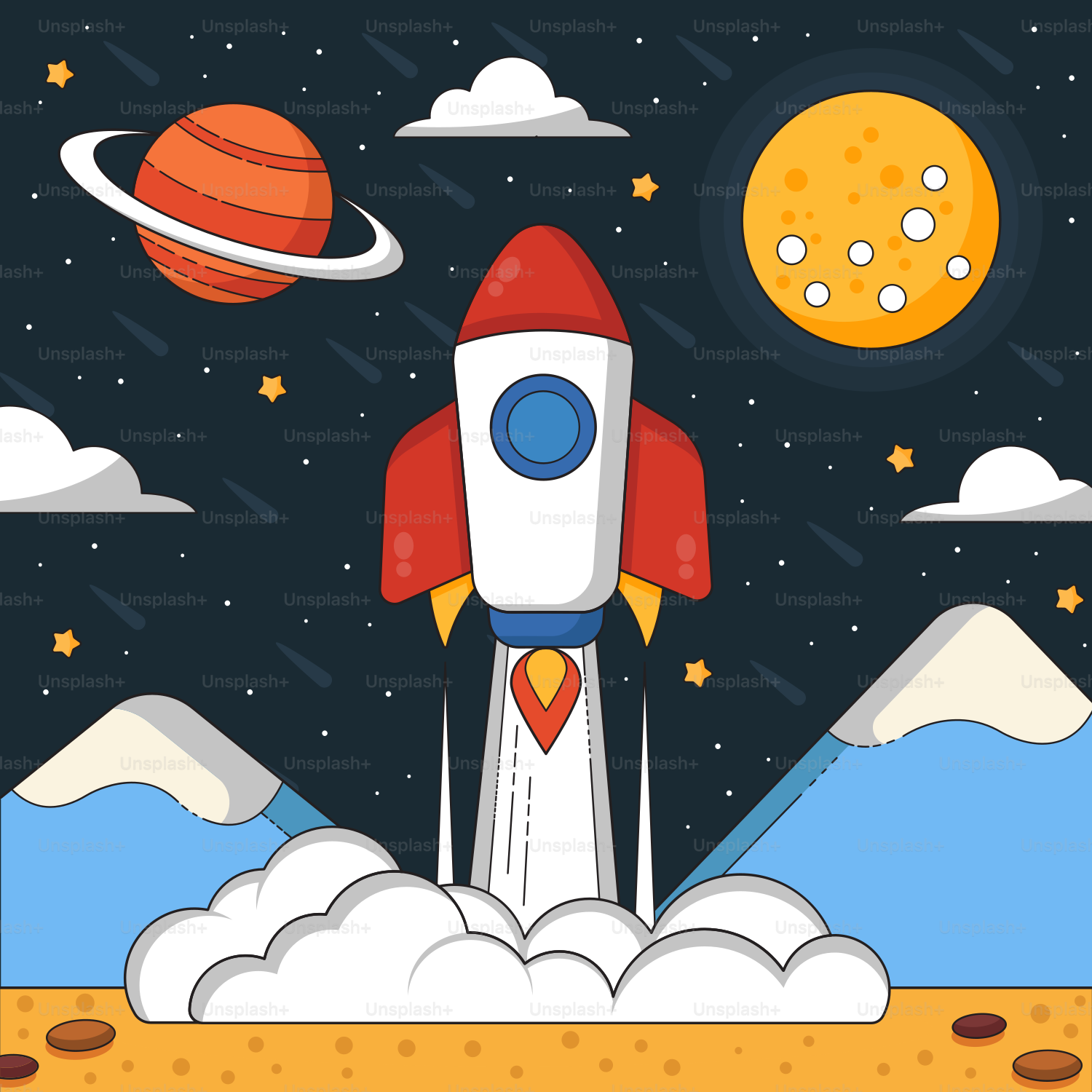A rocket is flying through the sky with mountains and planets in the background