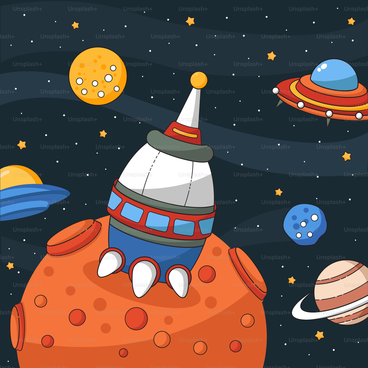 A cartoon space scene with a rocket ship and planets