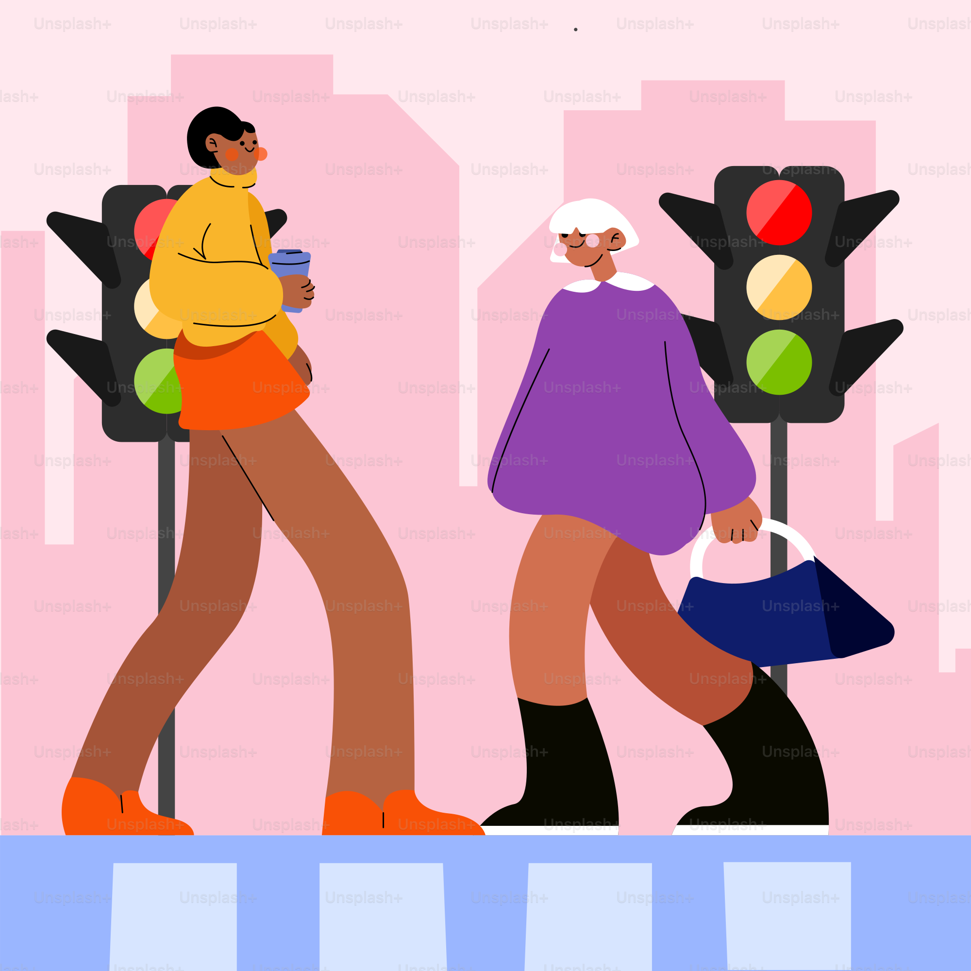 A couple of people walking across a street