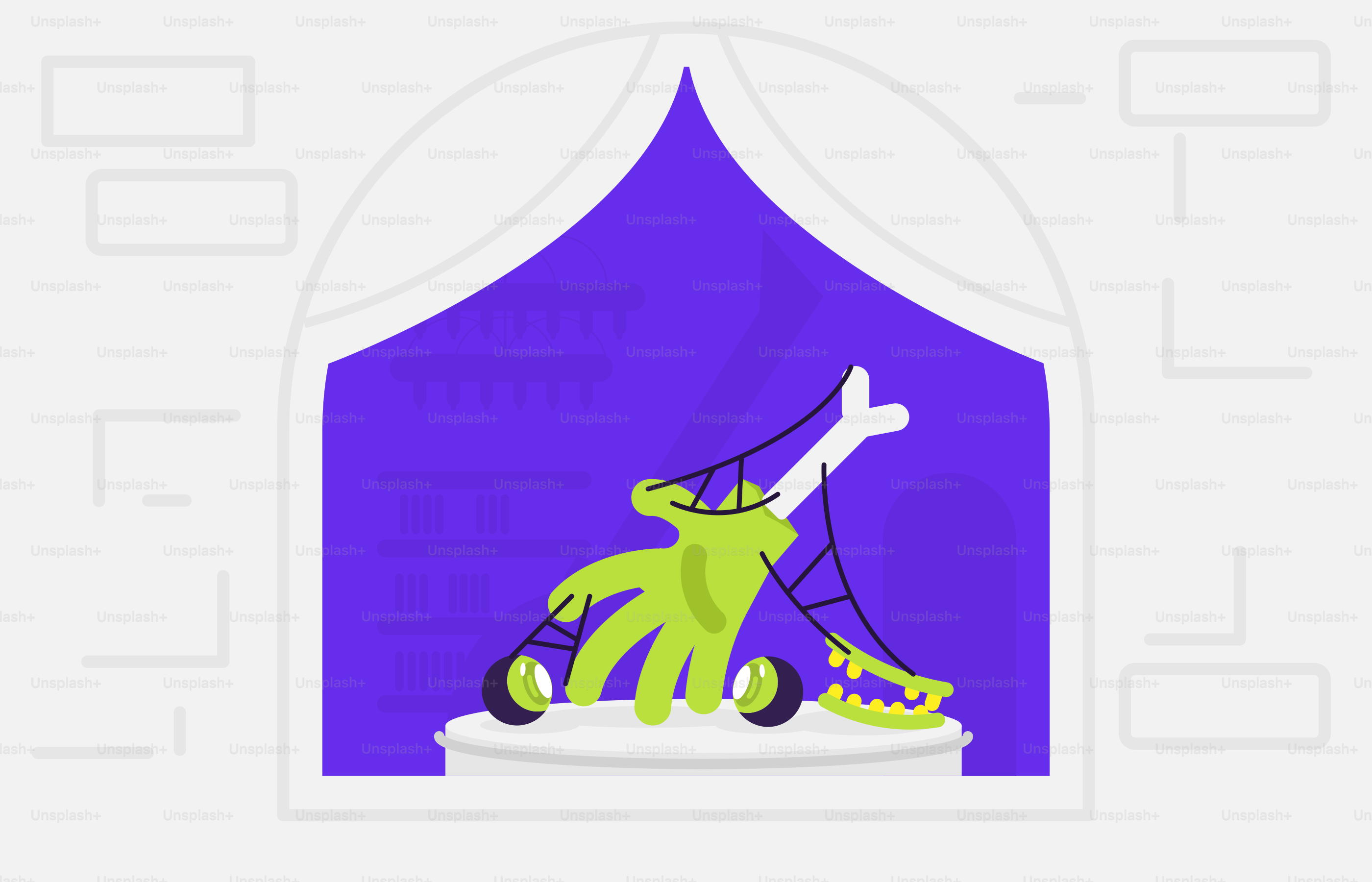 A purple tent with a green frog riding a skateboard
