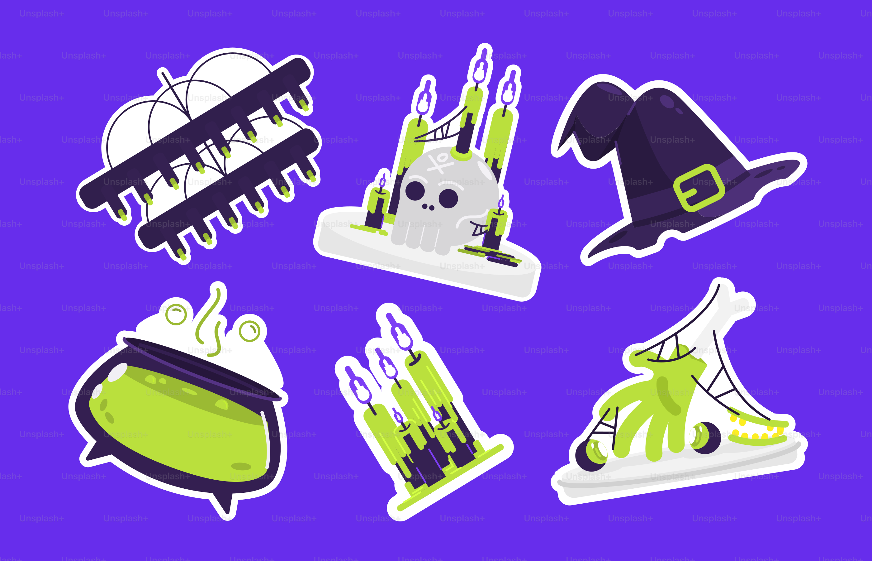 A bunch of stickers that are on a purple background