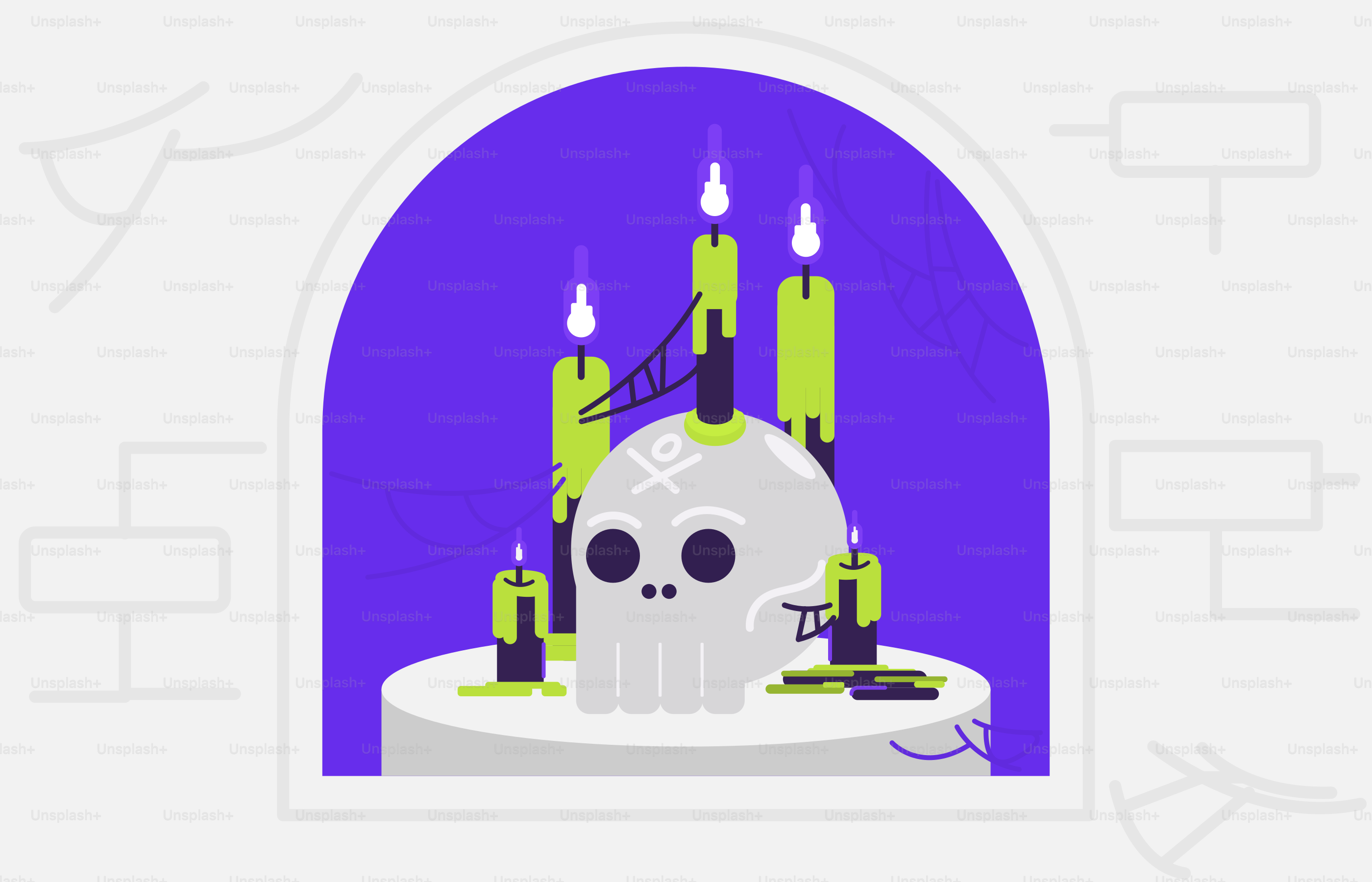 A skull sitting on top of a table surrounded by candles