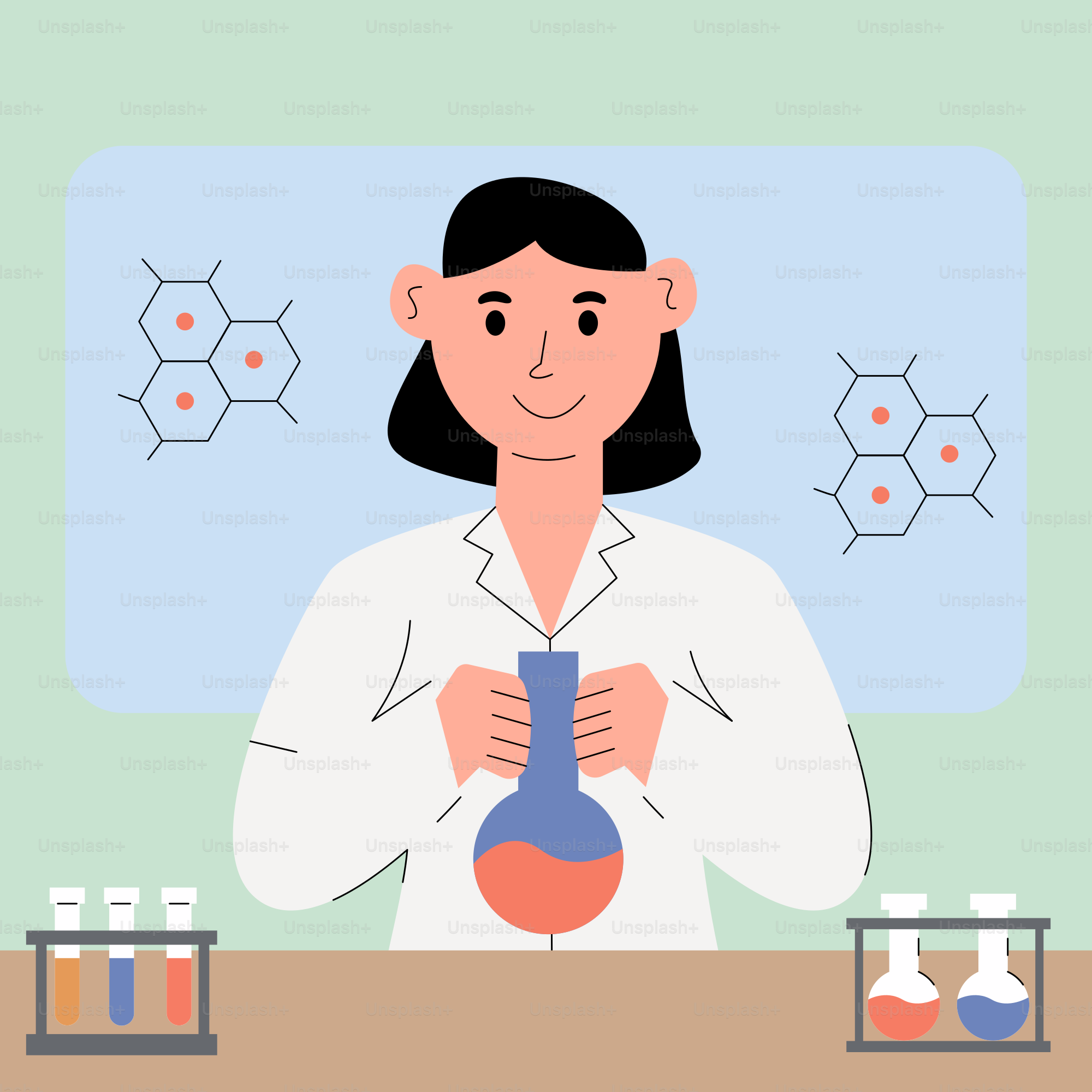 A woman in a lab coat holding a flask