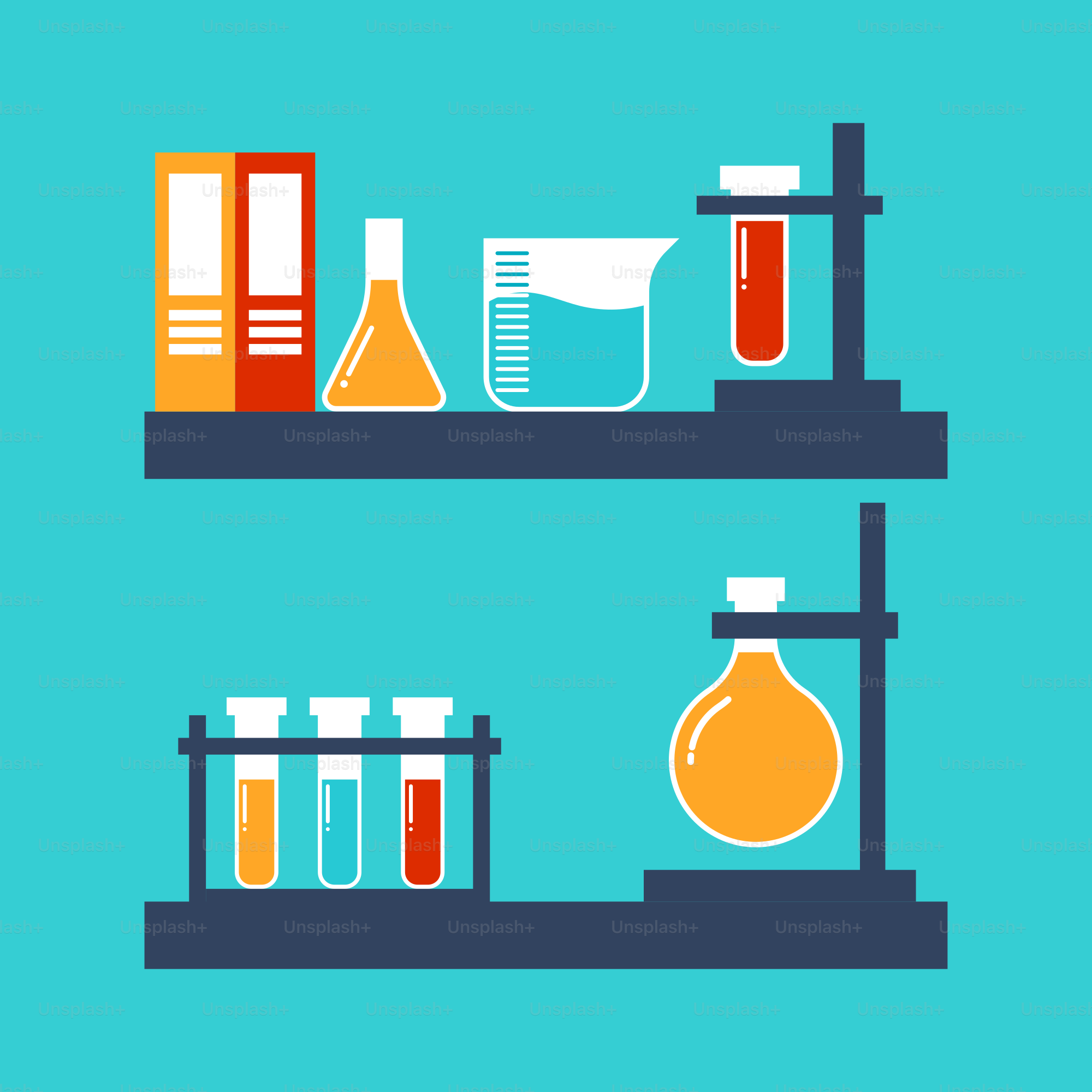Two shelves filled with different types of laboratory equipment