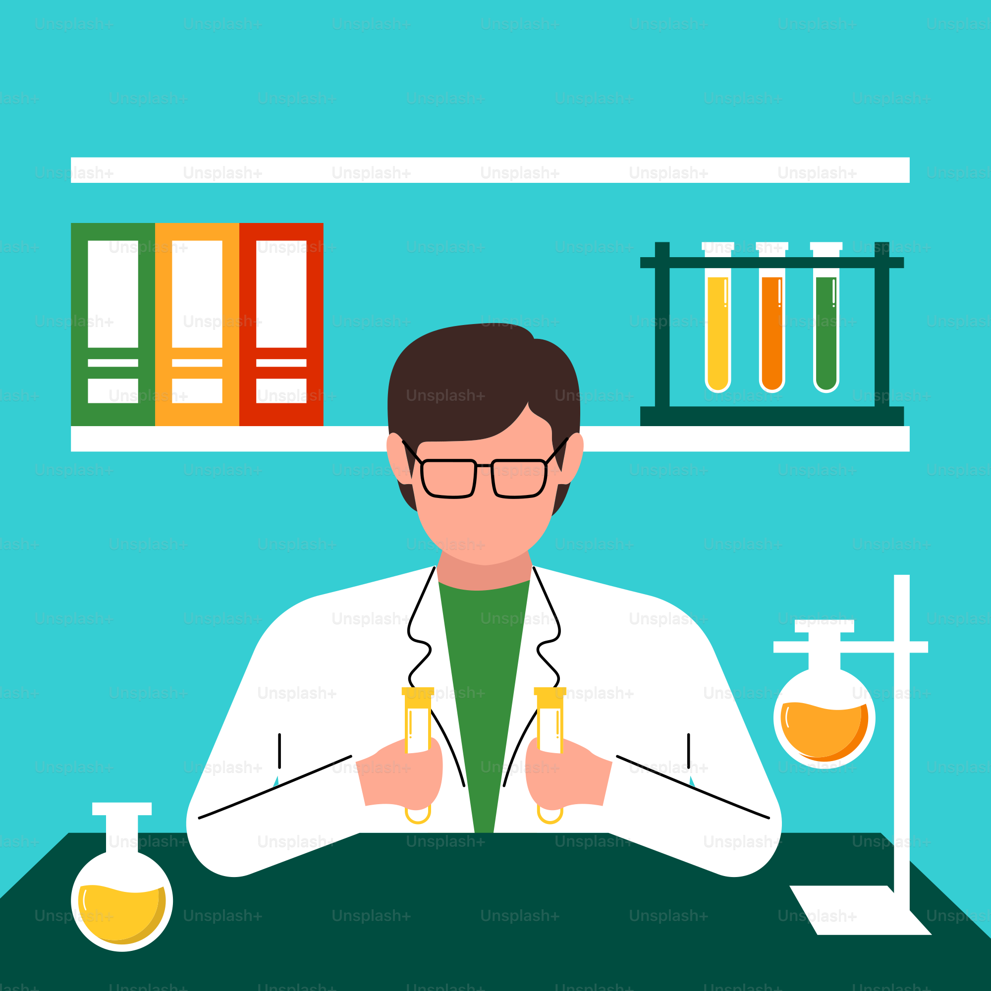 A man in a lab coat sitting at a table