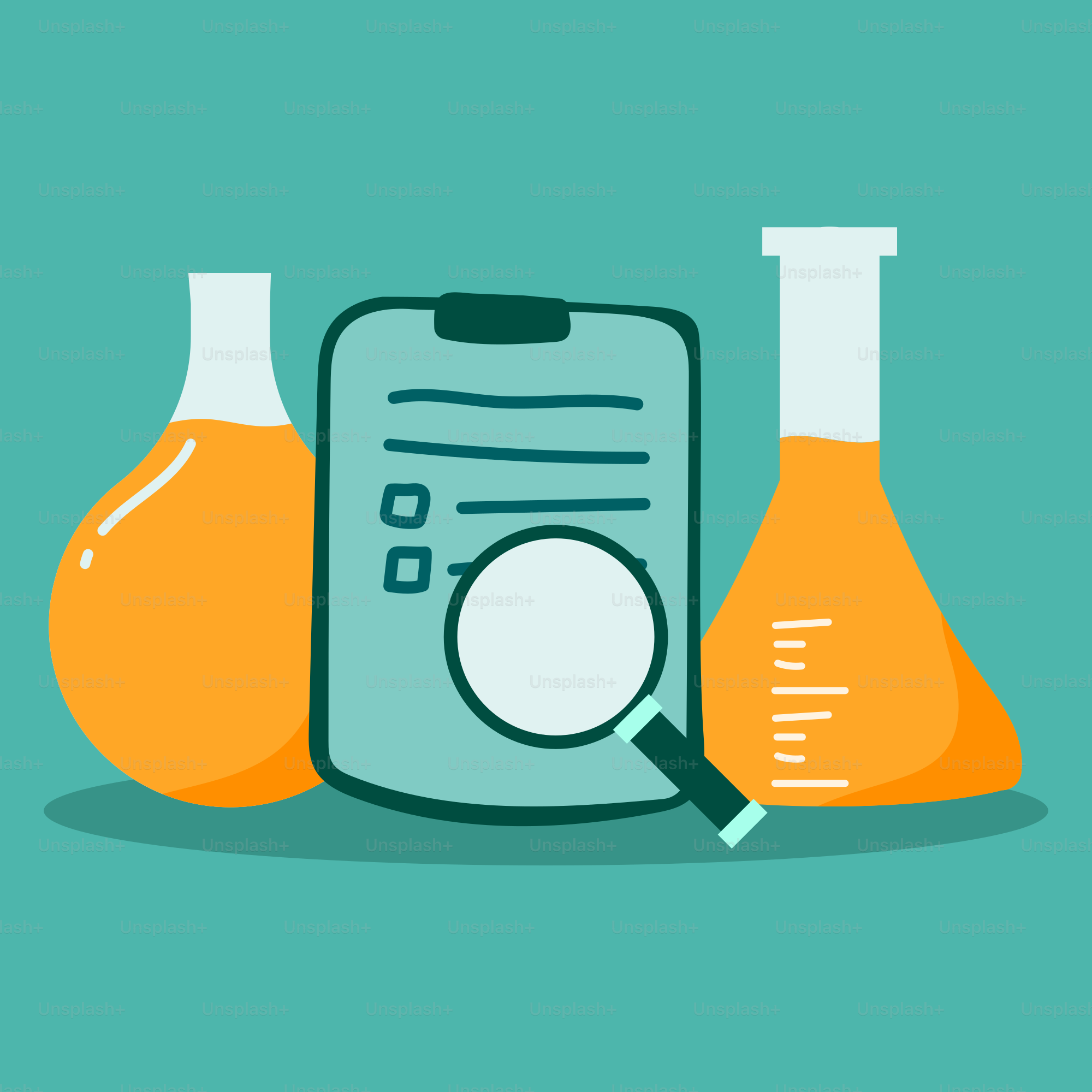 A cell phone surrounded by flasks and beakles