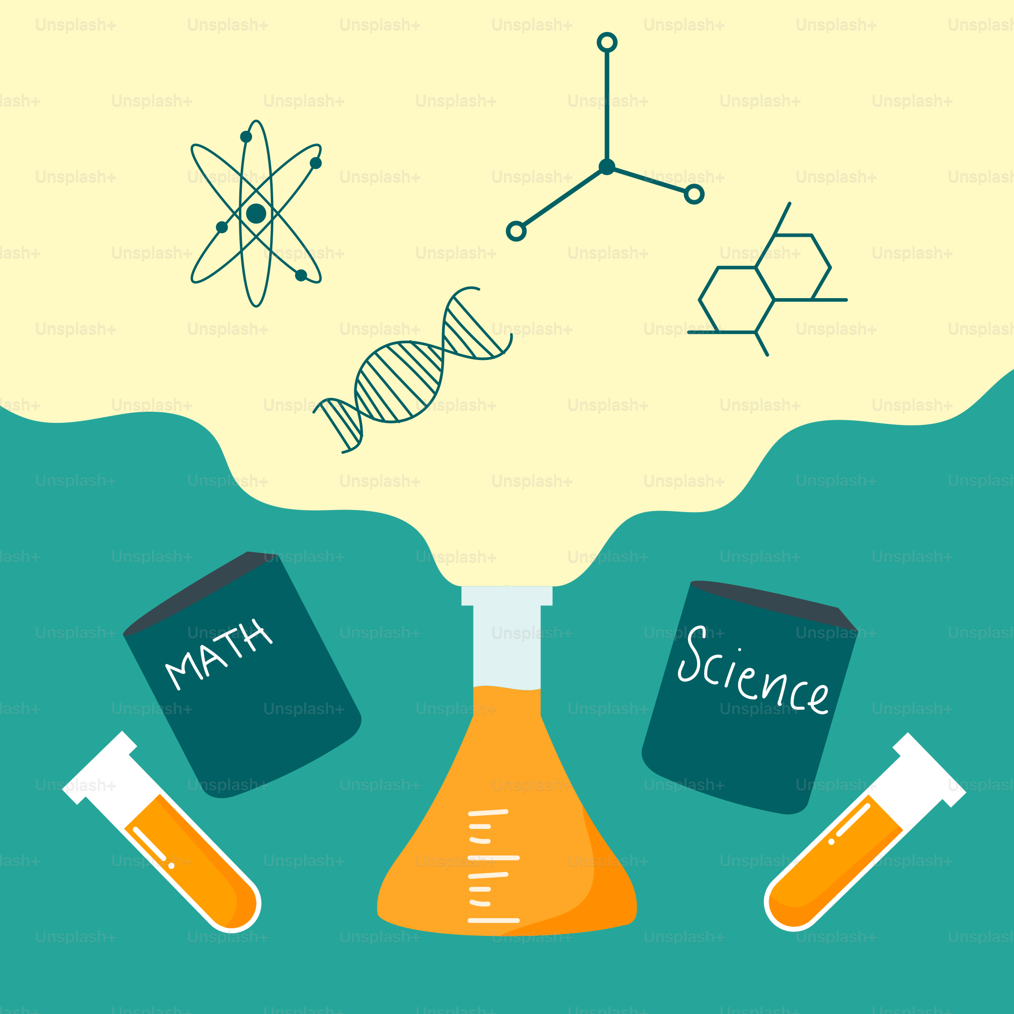 A science poster with a beakle full of books and a beakle full of