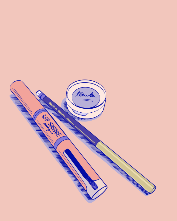 A drawing of a brush, eyeliner, and lip balm