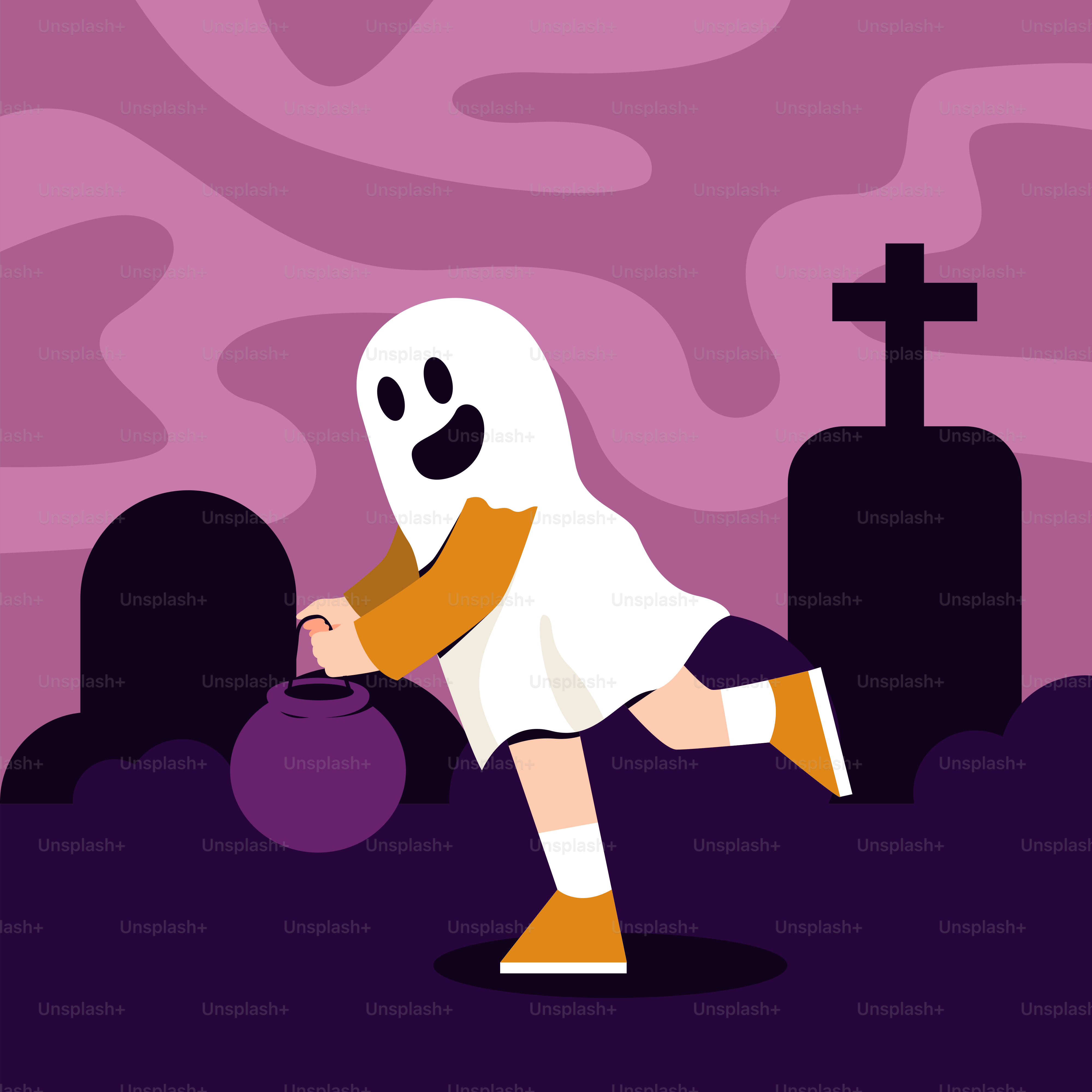 Eine Karikatur eines Geistes, der vor einem Kreuz geht