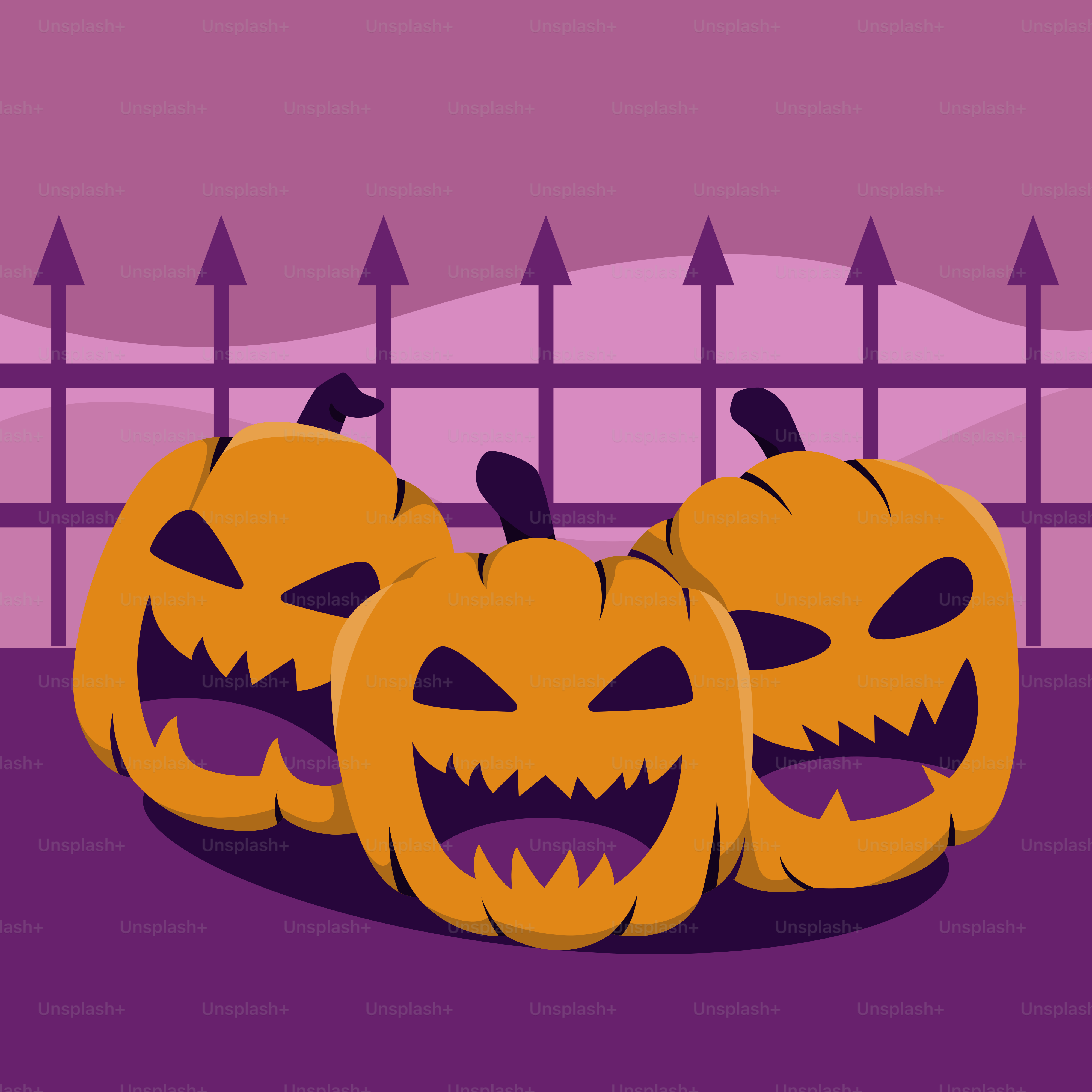 Three jack o lantern pumpkins sitting in front of a fence