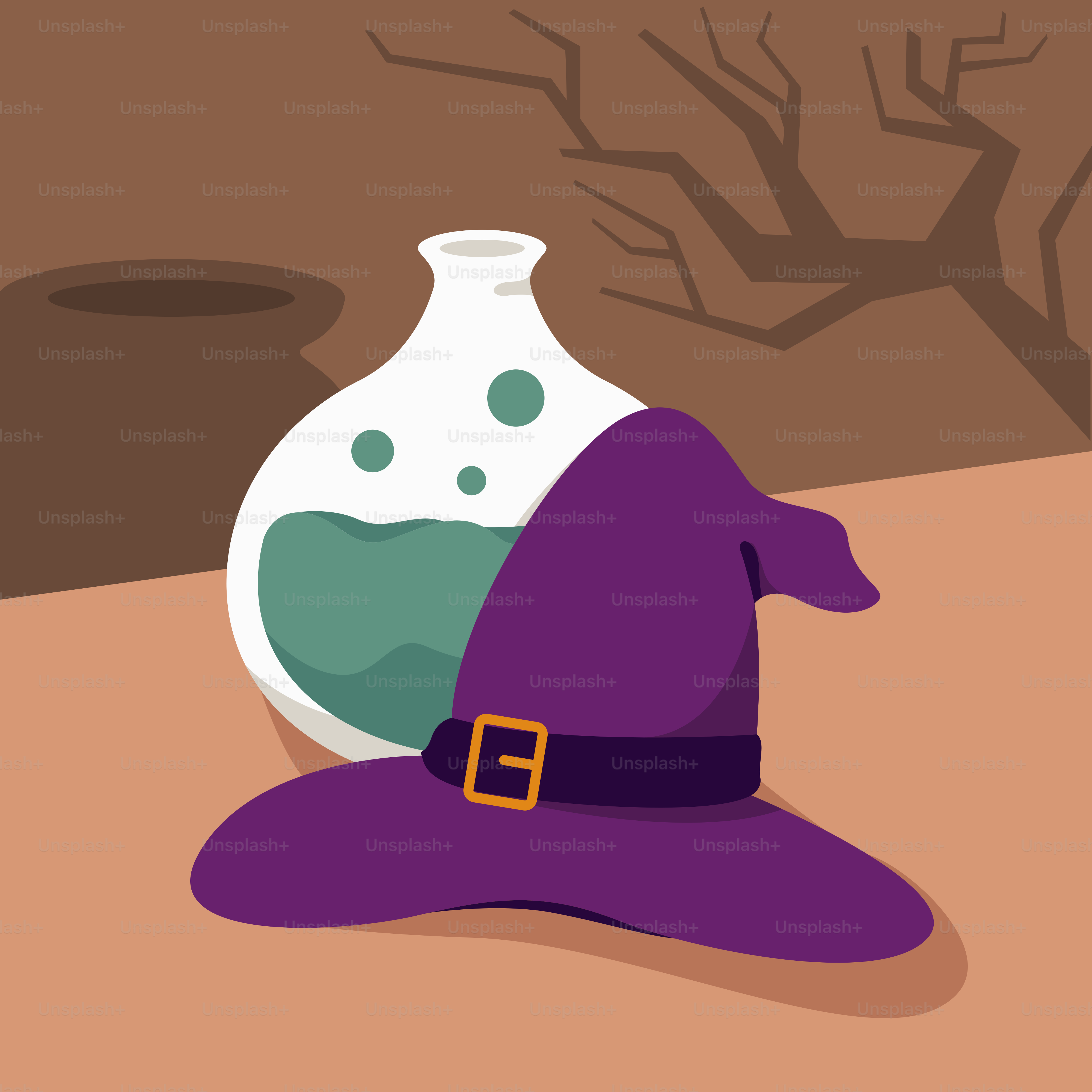 A wizard's hat sitting on a table next to a vase