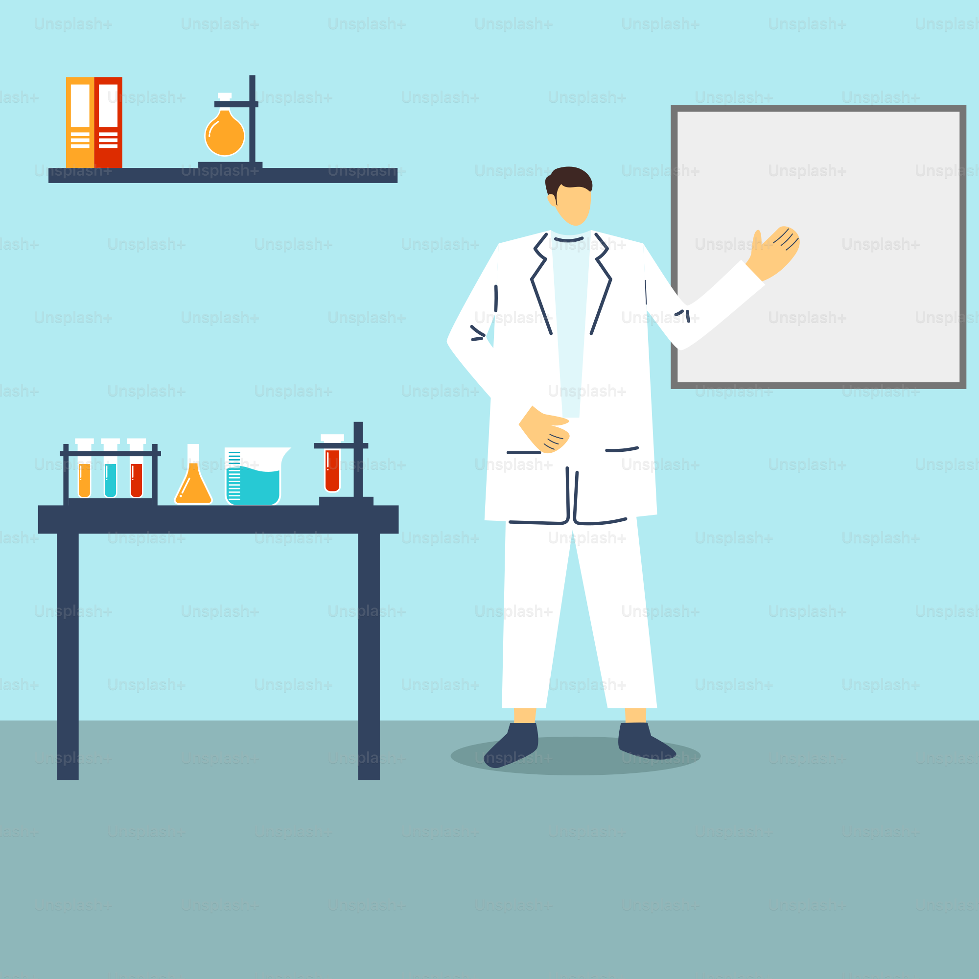 A man in a lab coat standing in front of a whiteboard