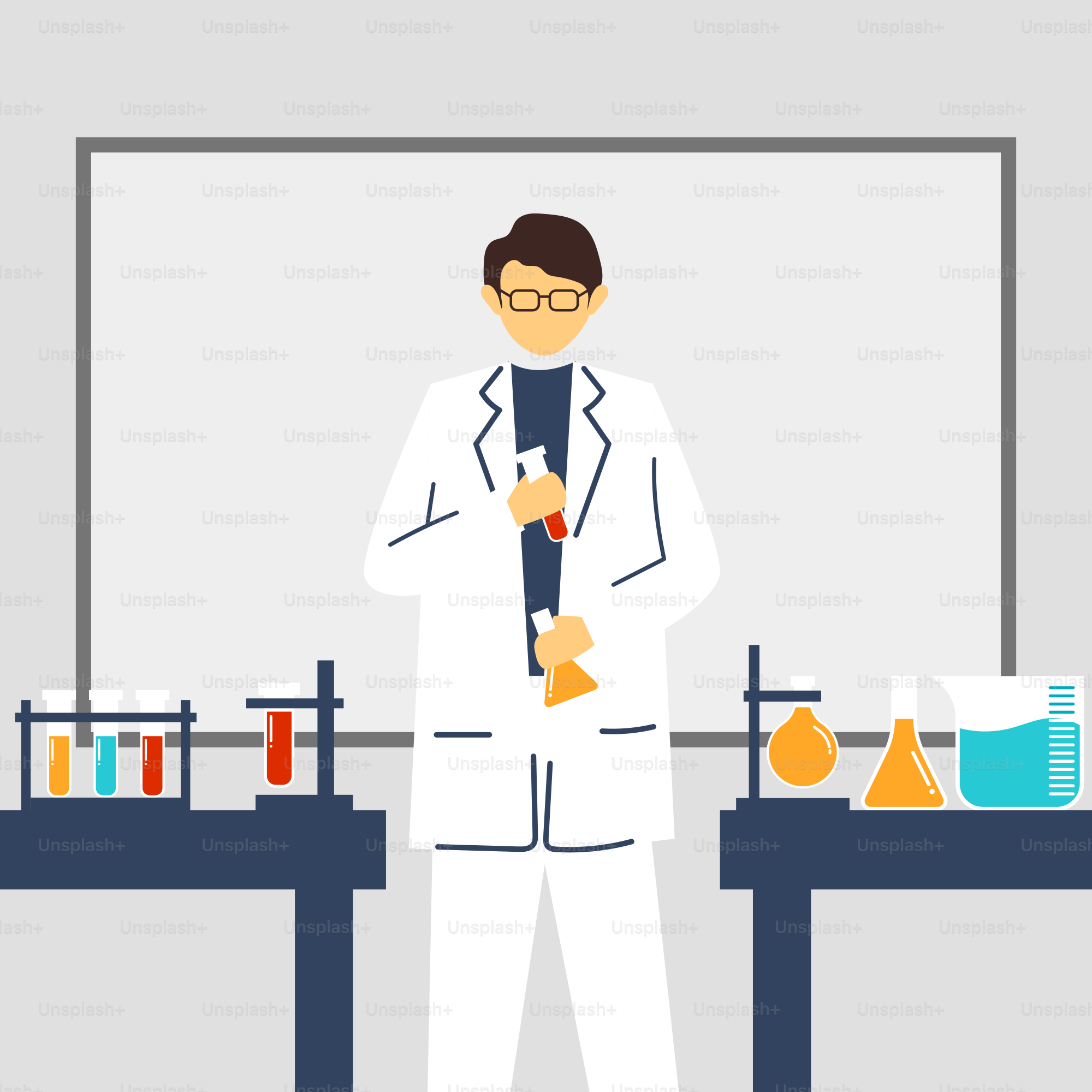 A man in a lab coat standing in front of a whiteboard