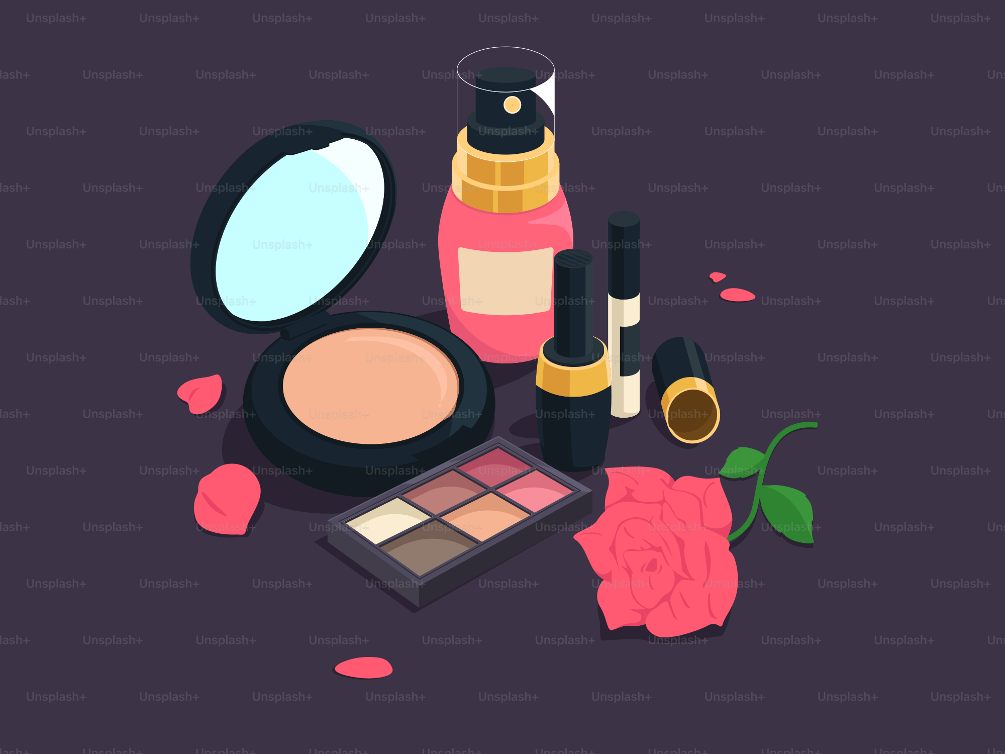 A purple background with cosmetics and a bottle of perfume