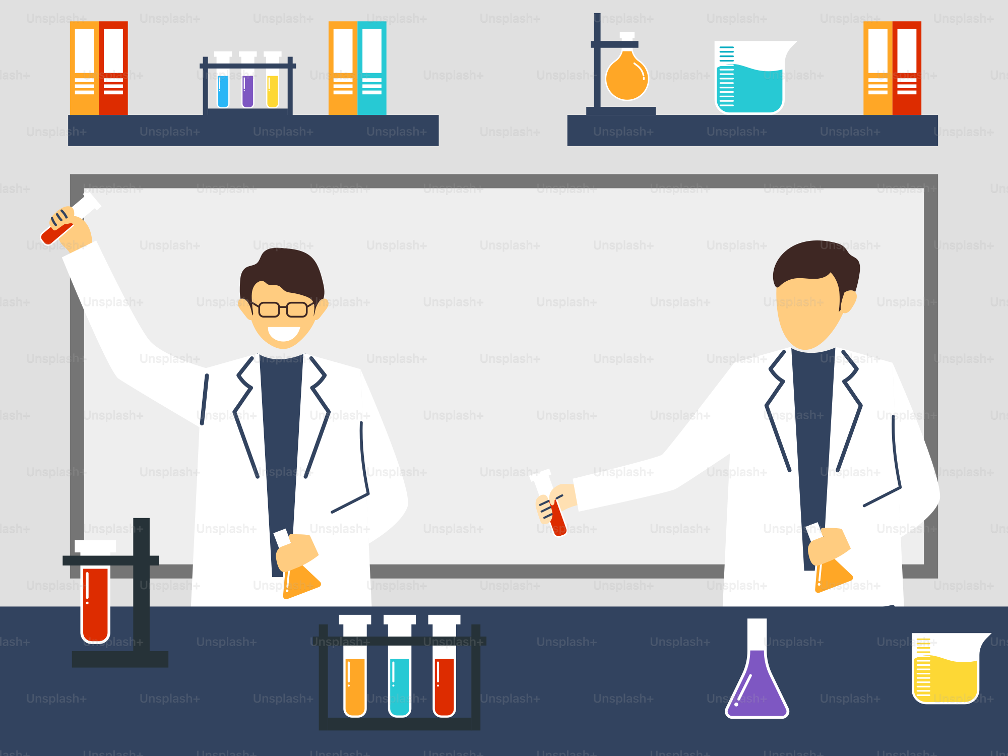 Two men in lab coats standing in front of a whiteboard