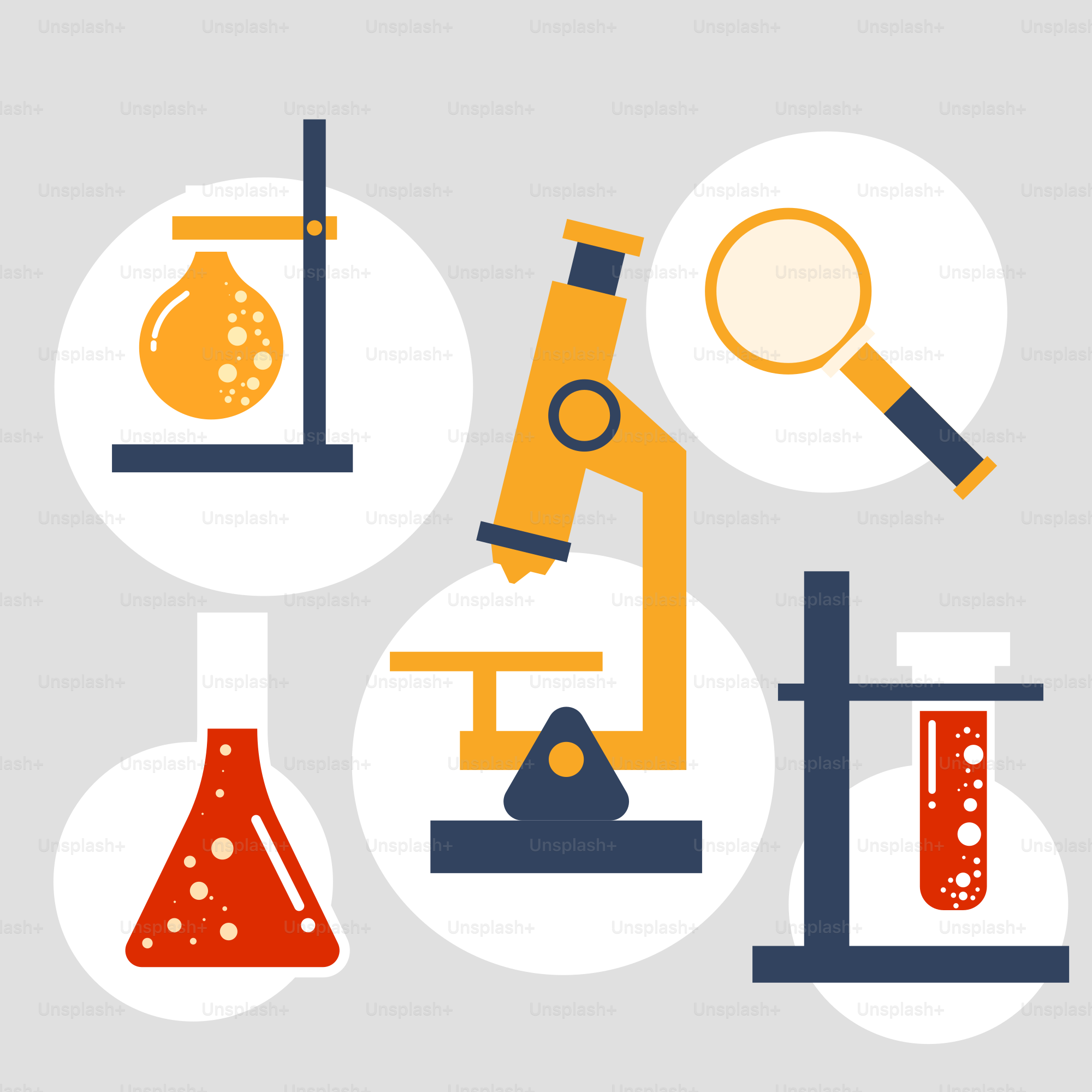 A microscope, beakle, test tube, and flasks