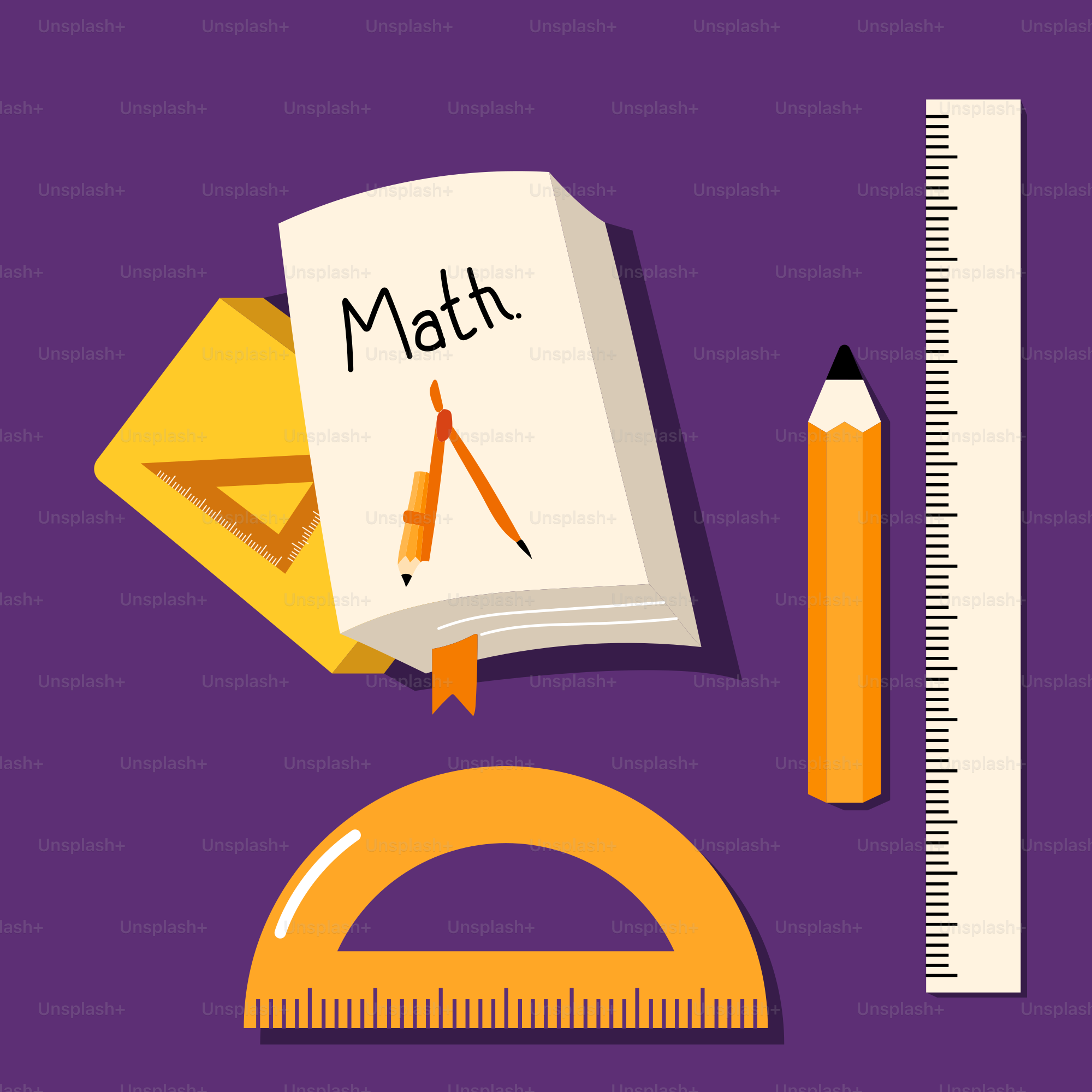 A purple background with a ruler, pencil, ruler and paper