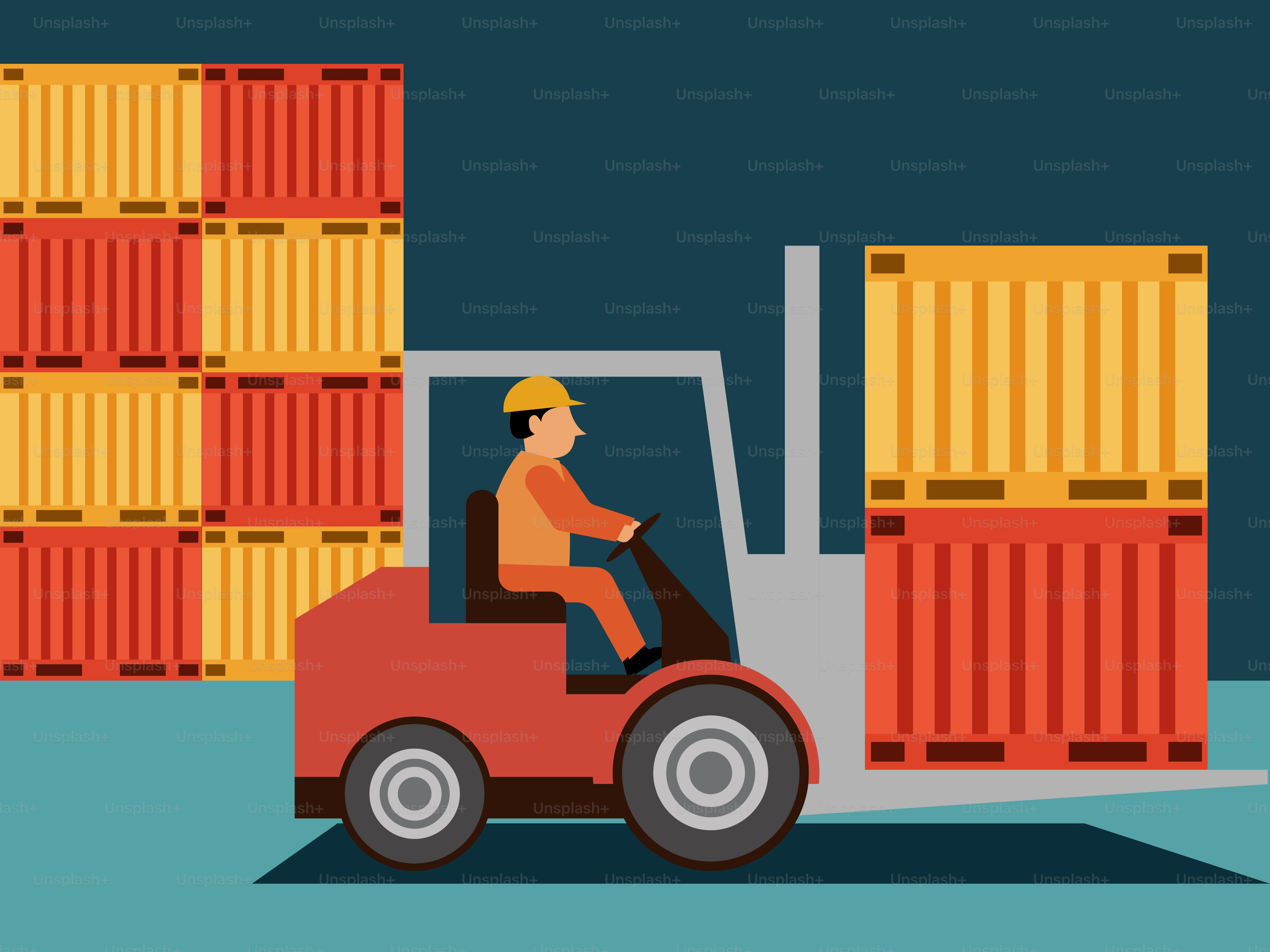 A man driving a forklift in front of stacks of boxes