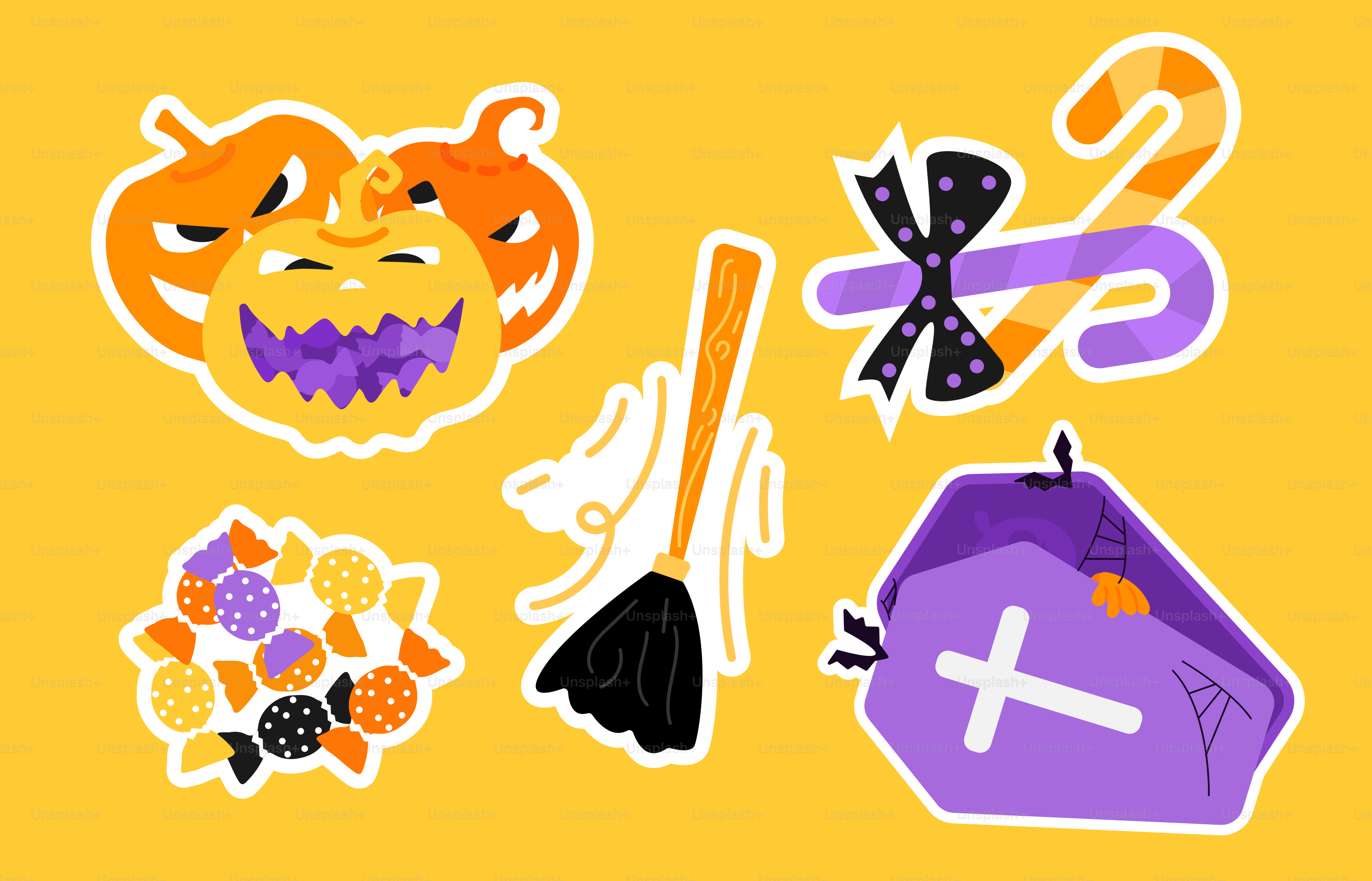 A bunch of stickers that are on a yellow background