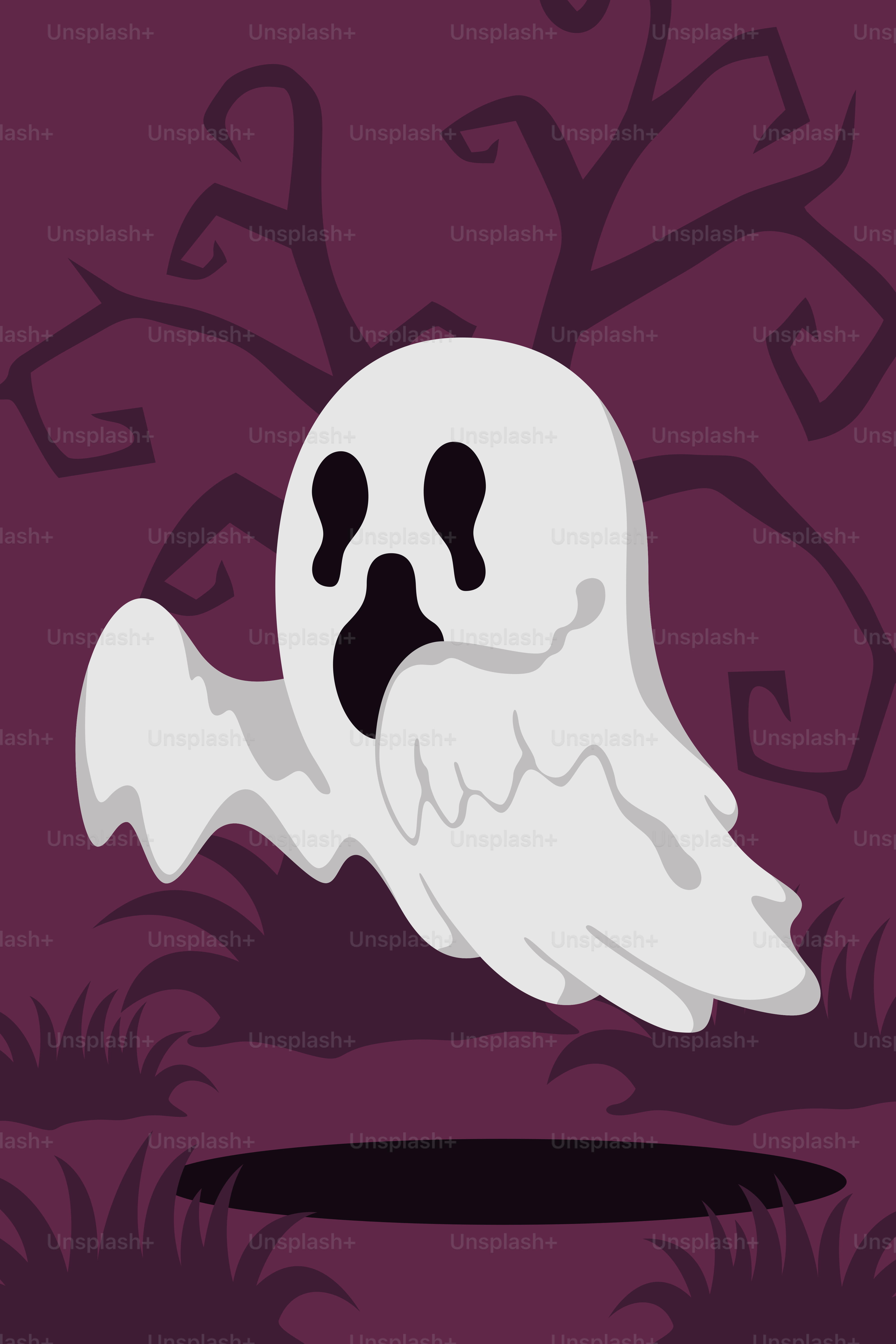 A white ghost floating over a puddle of water