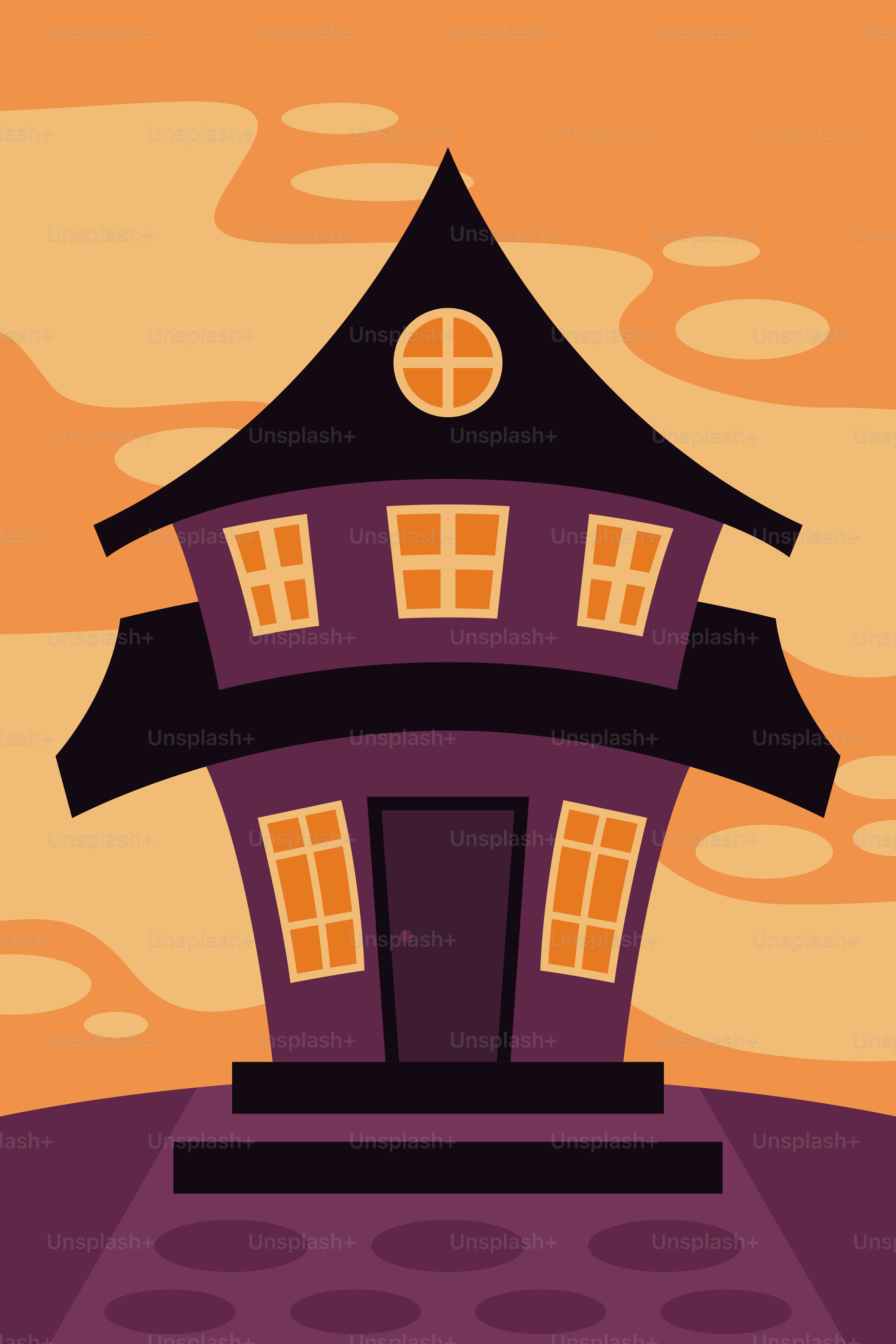 Una casa morada con un reloj en la parte superior