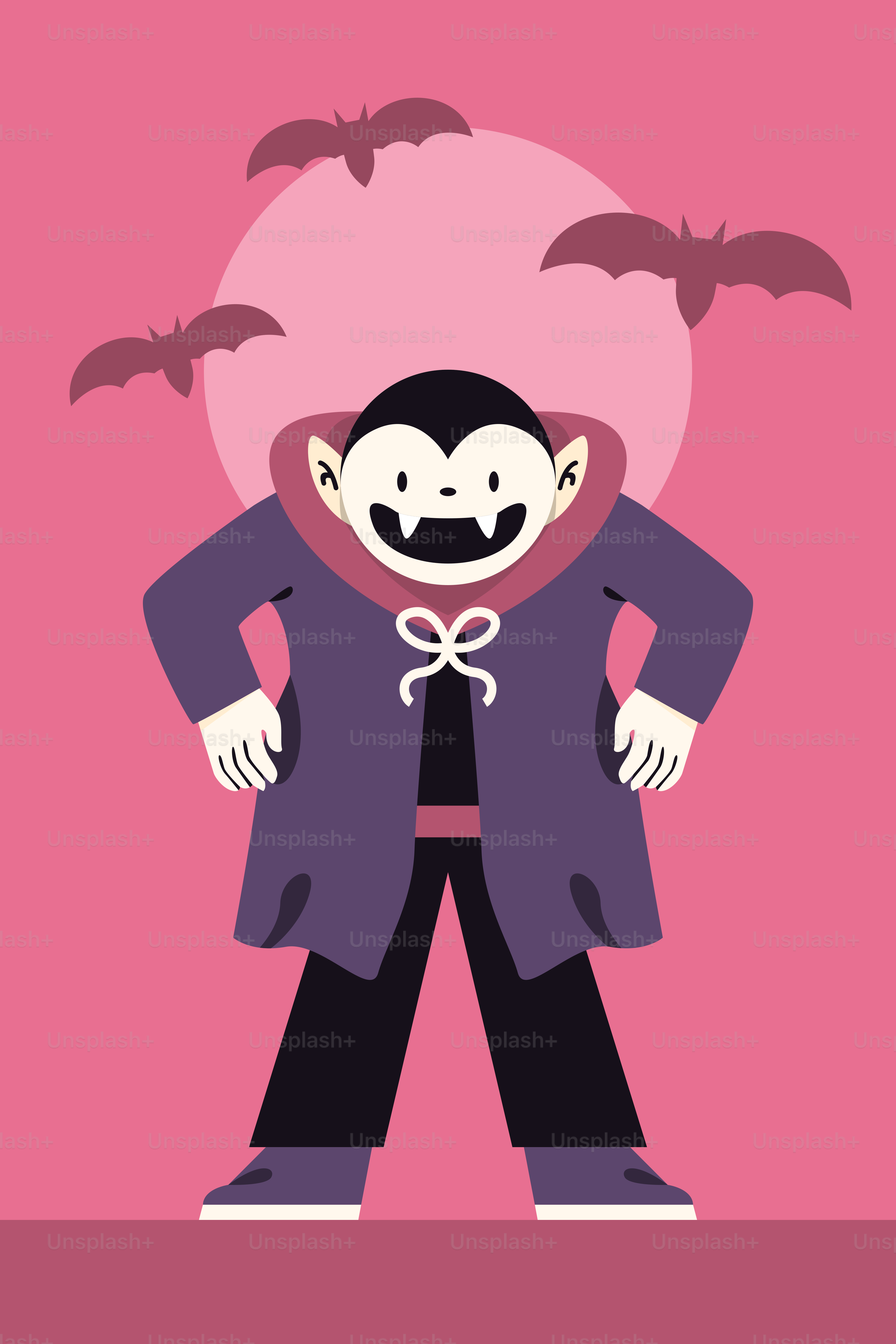 Ein Mann in einem lila Mantel mit Fledermäusen auf dem Kopf