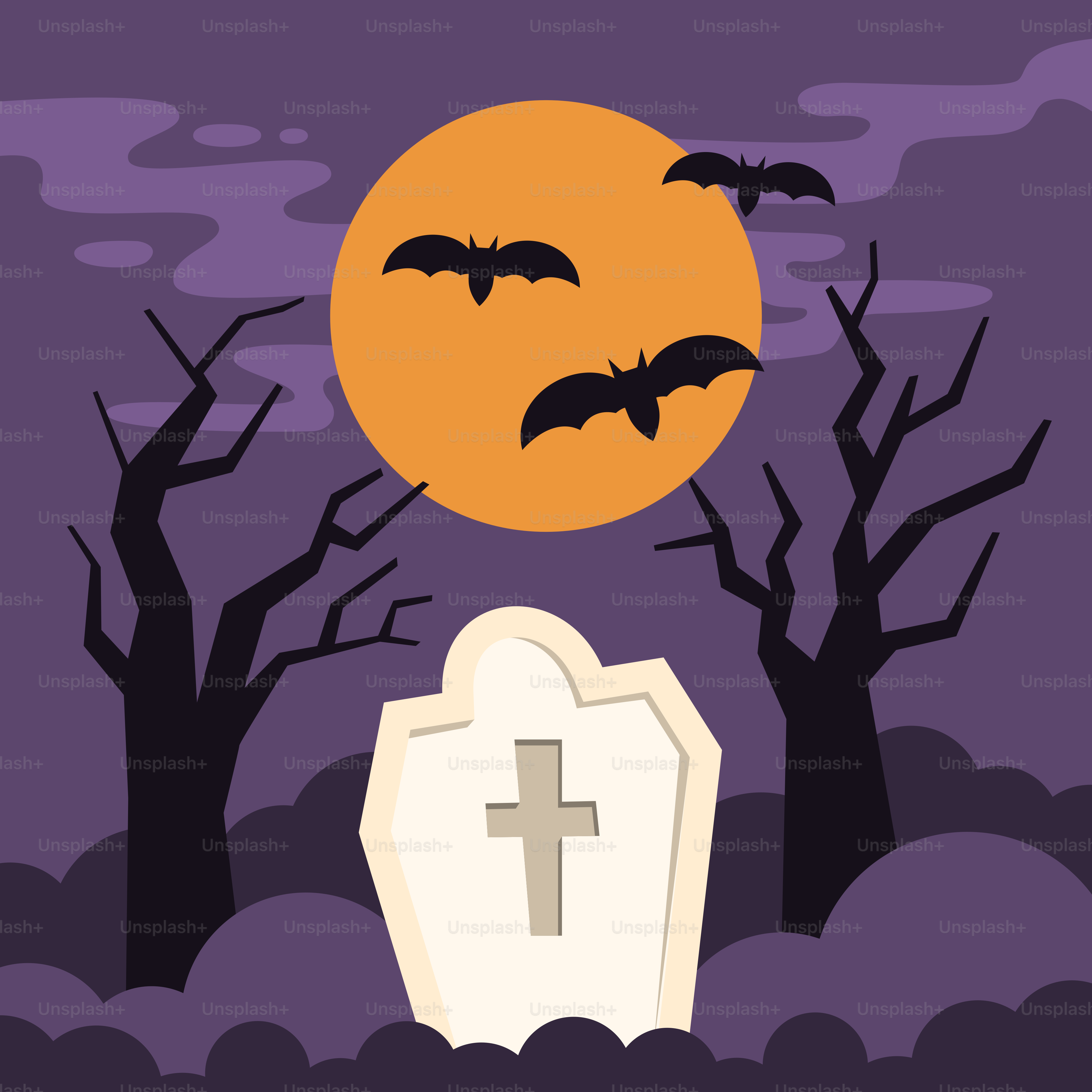 Ein Friedhof mit Fledermäusen und Vollmond