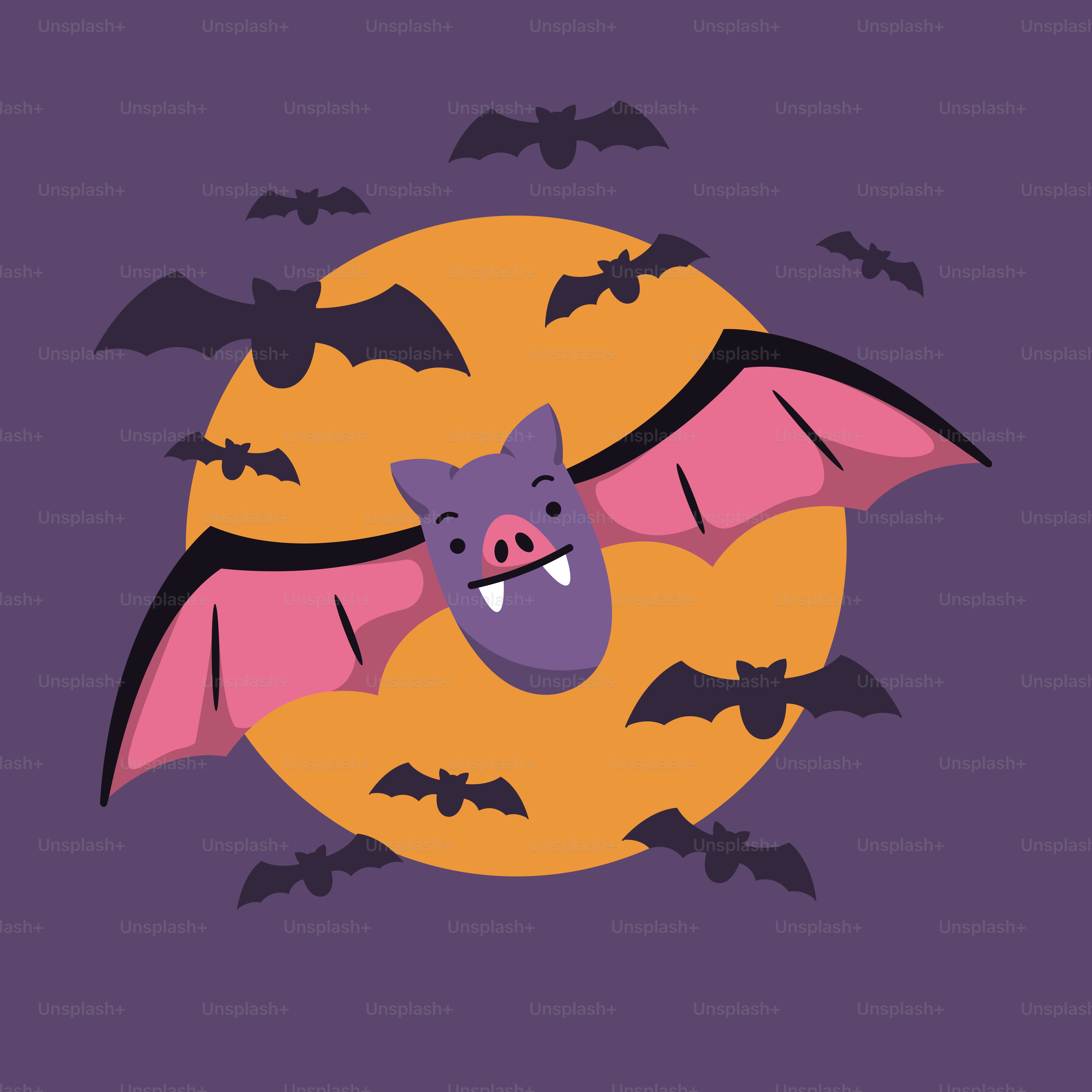 Eine Fledermaus, die über Vollmond fliegt, umgeben von Fledermäusen