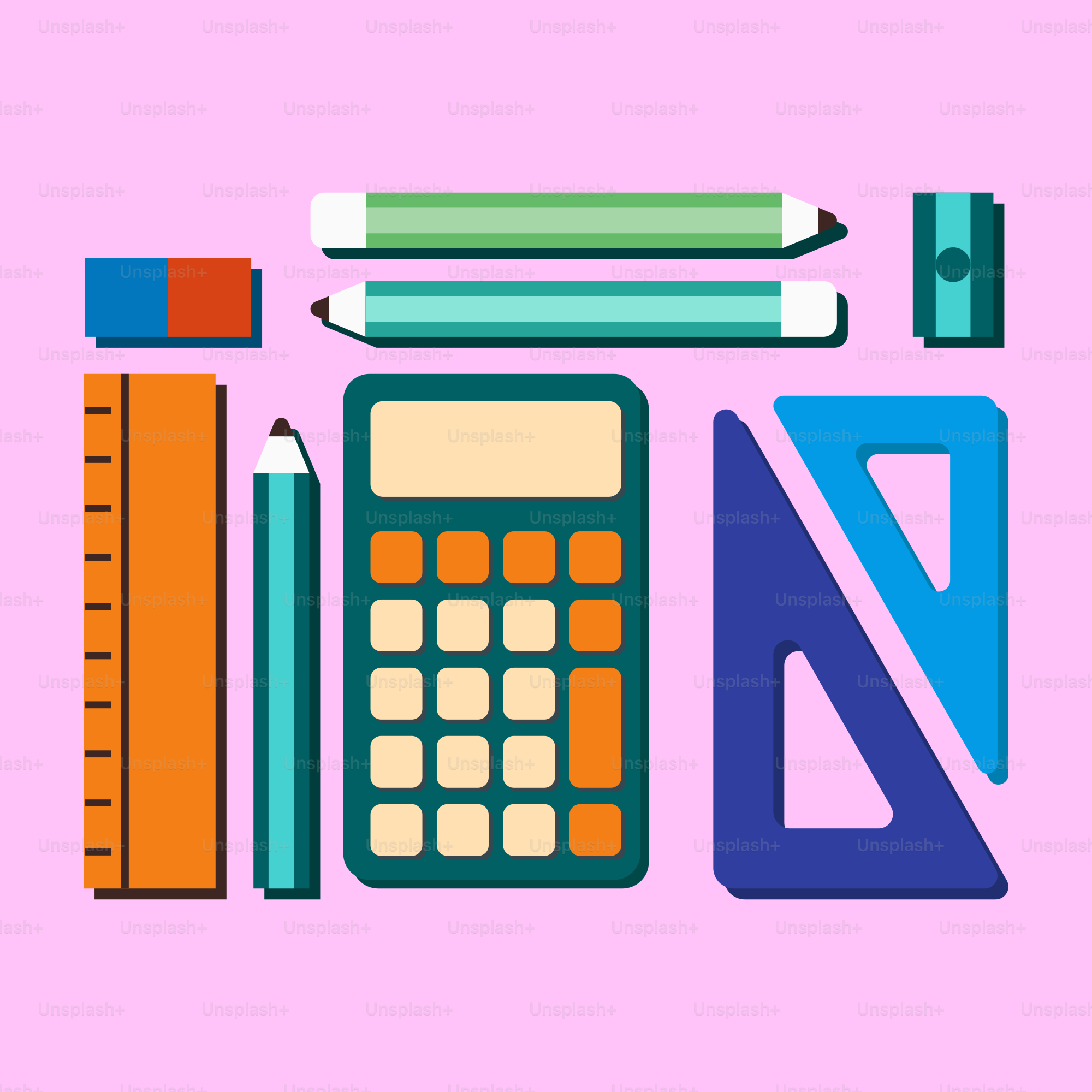 A calculator, pencils, ruler, ruler, and other school supplies