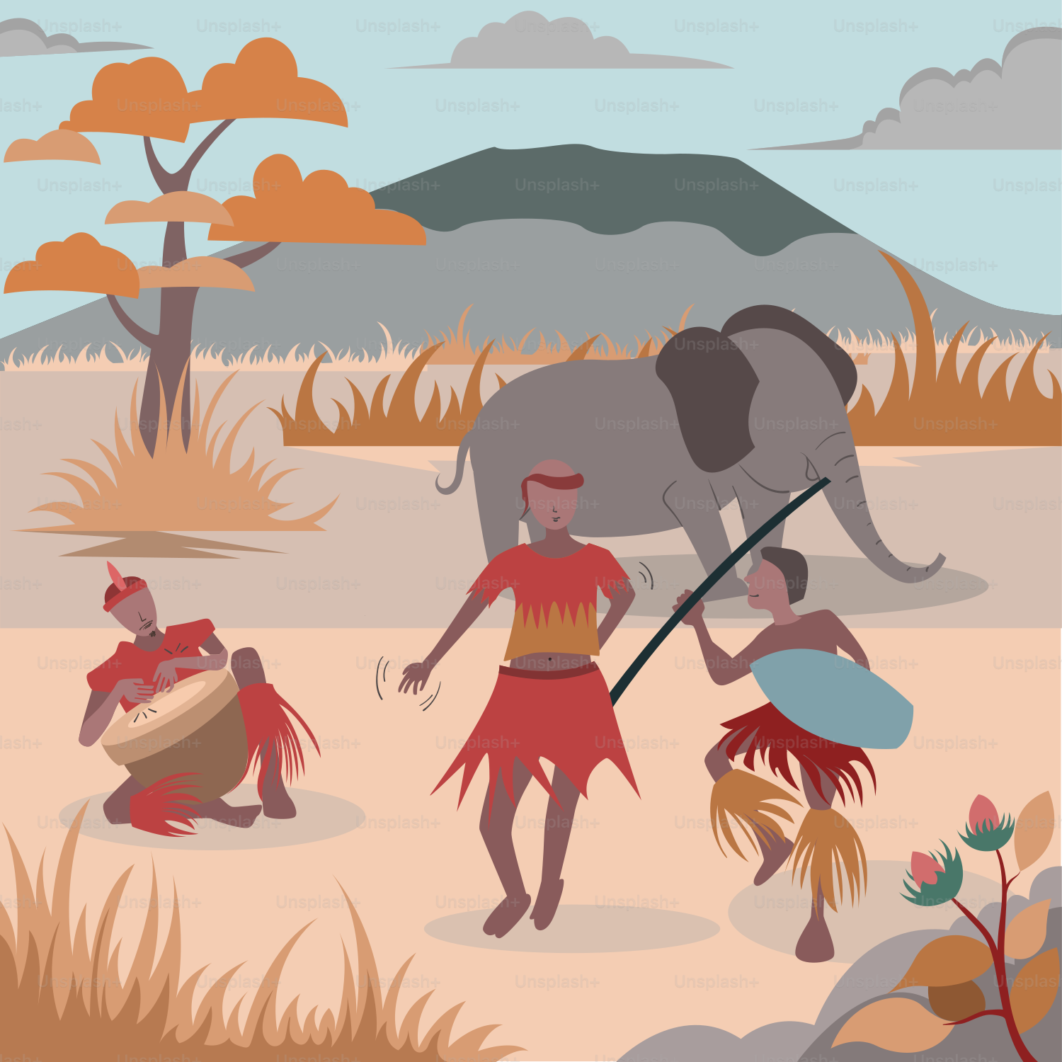 Un gruppo di persone in piedi attorno a un elefante