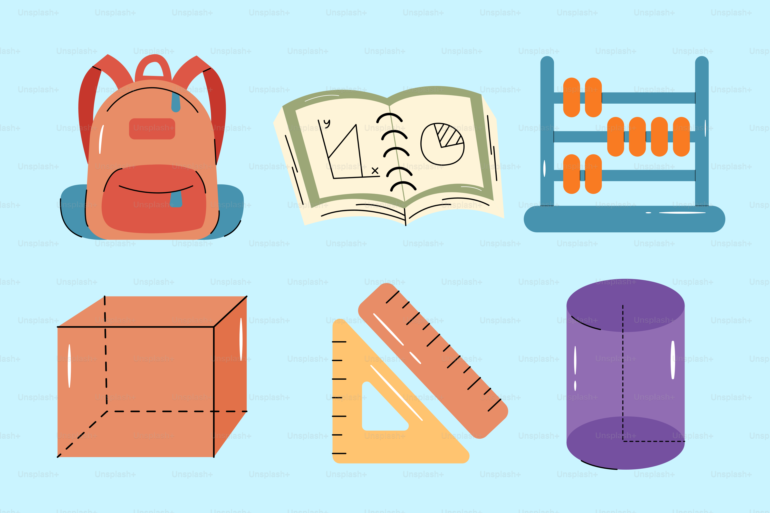 A blue background with different types of school supplies