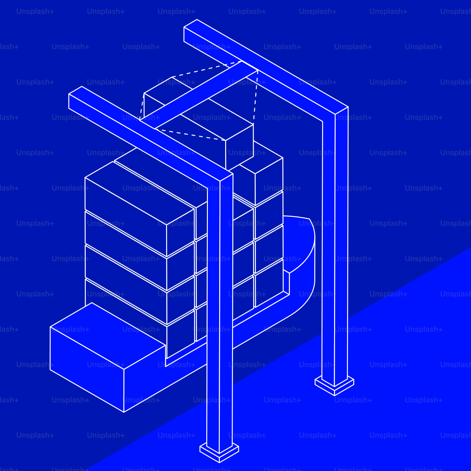 A blueprinted drawing of a metal structure