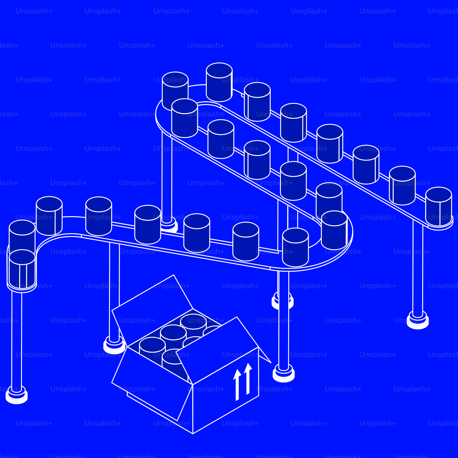 Um desenho de uma correia transportadora e uma caixa
