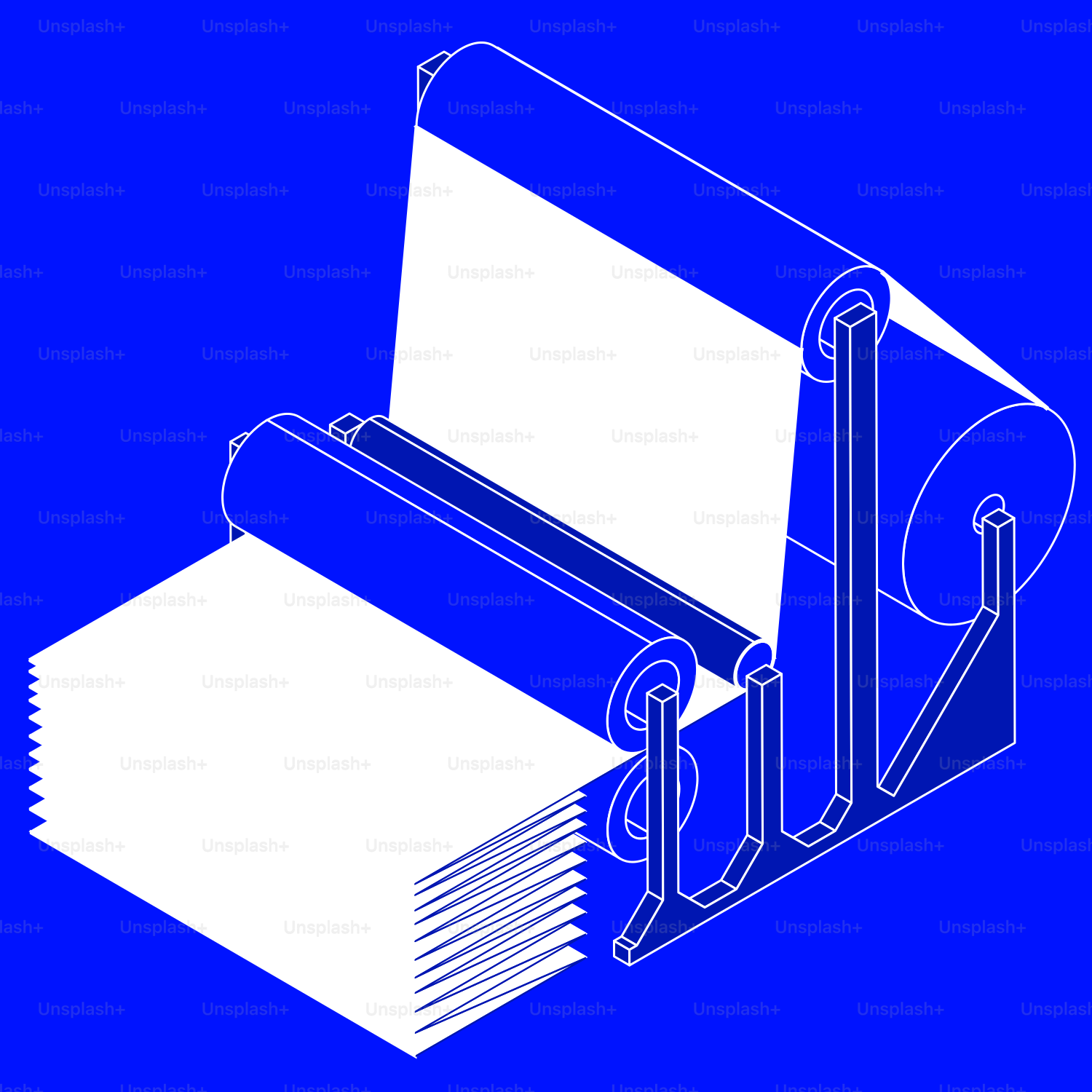 A blueprinted image of a folder with a roll of paper