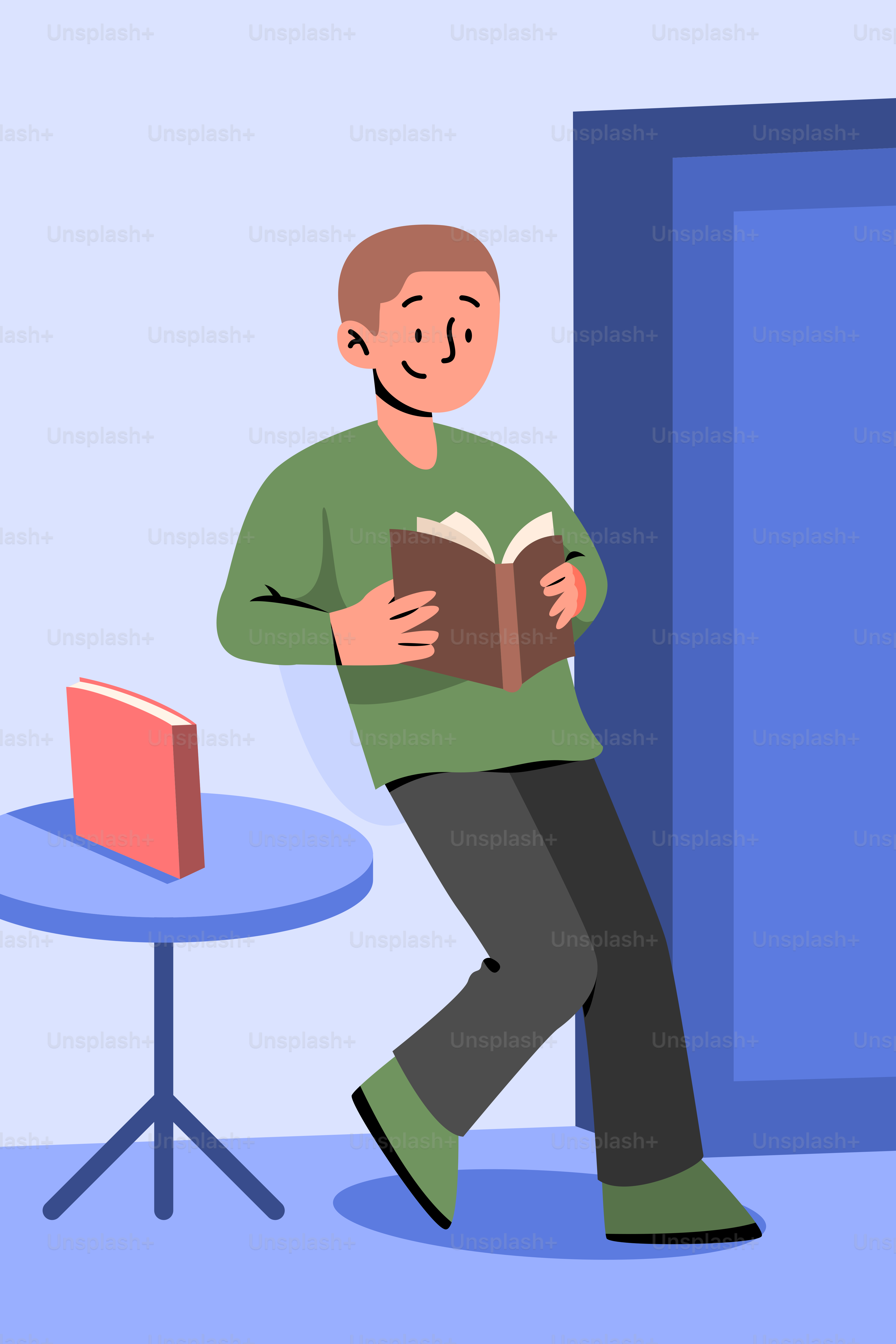 A man reading a book in front of a blue door