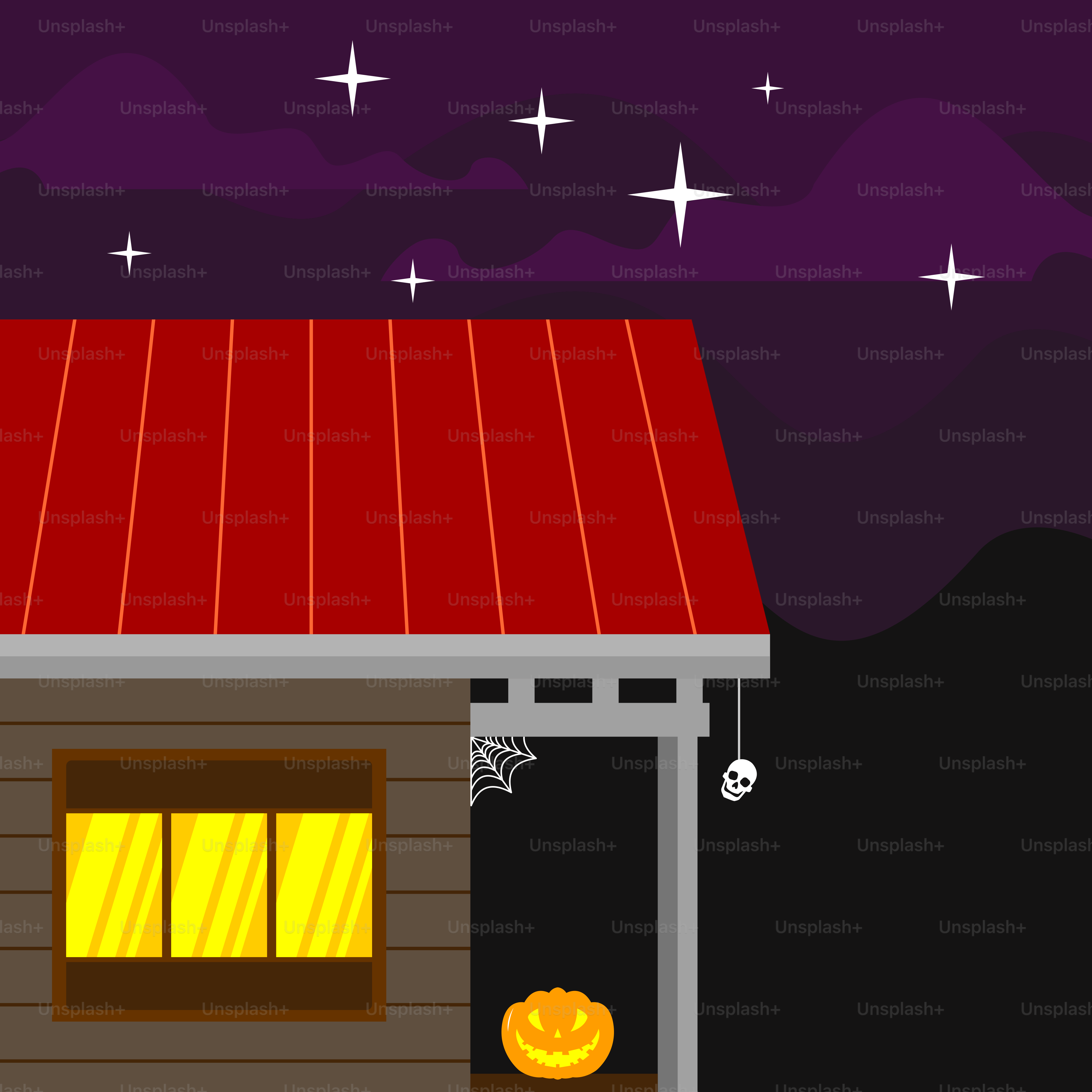 A house with a red roof at night