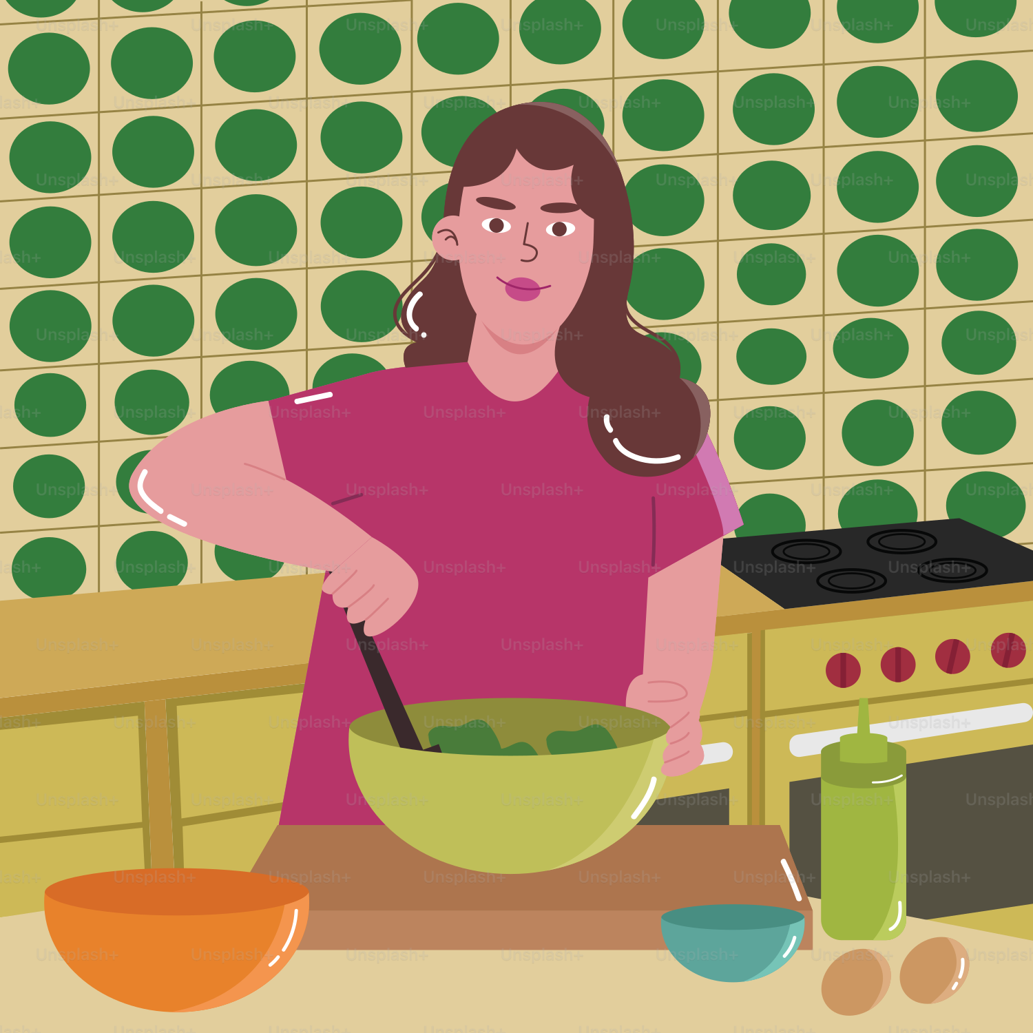 Una donna in piedi davanti a una ciotola di cibo