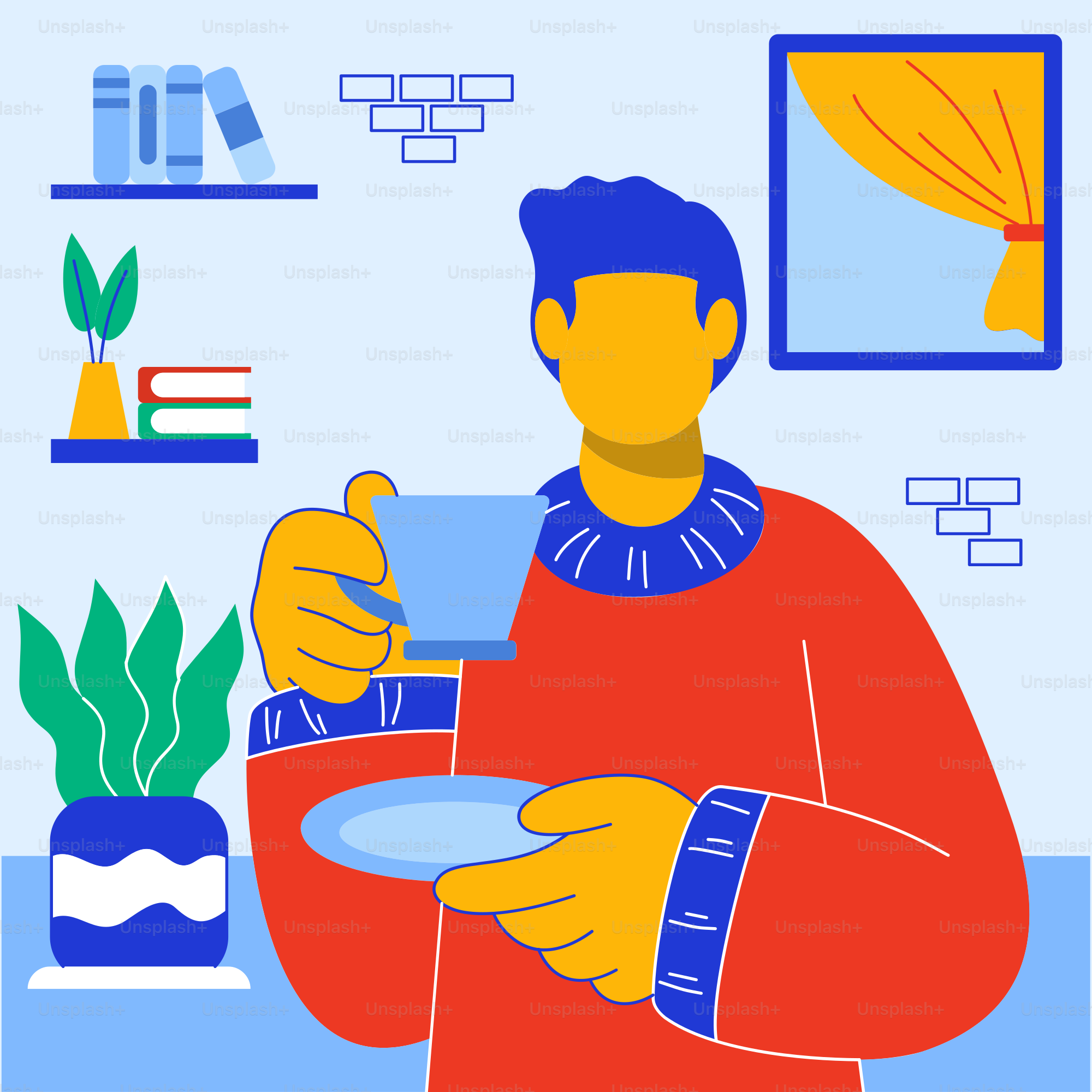 A man is holding a cup and a plate