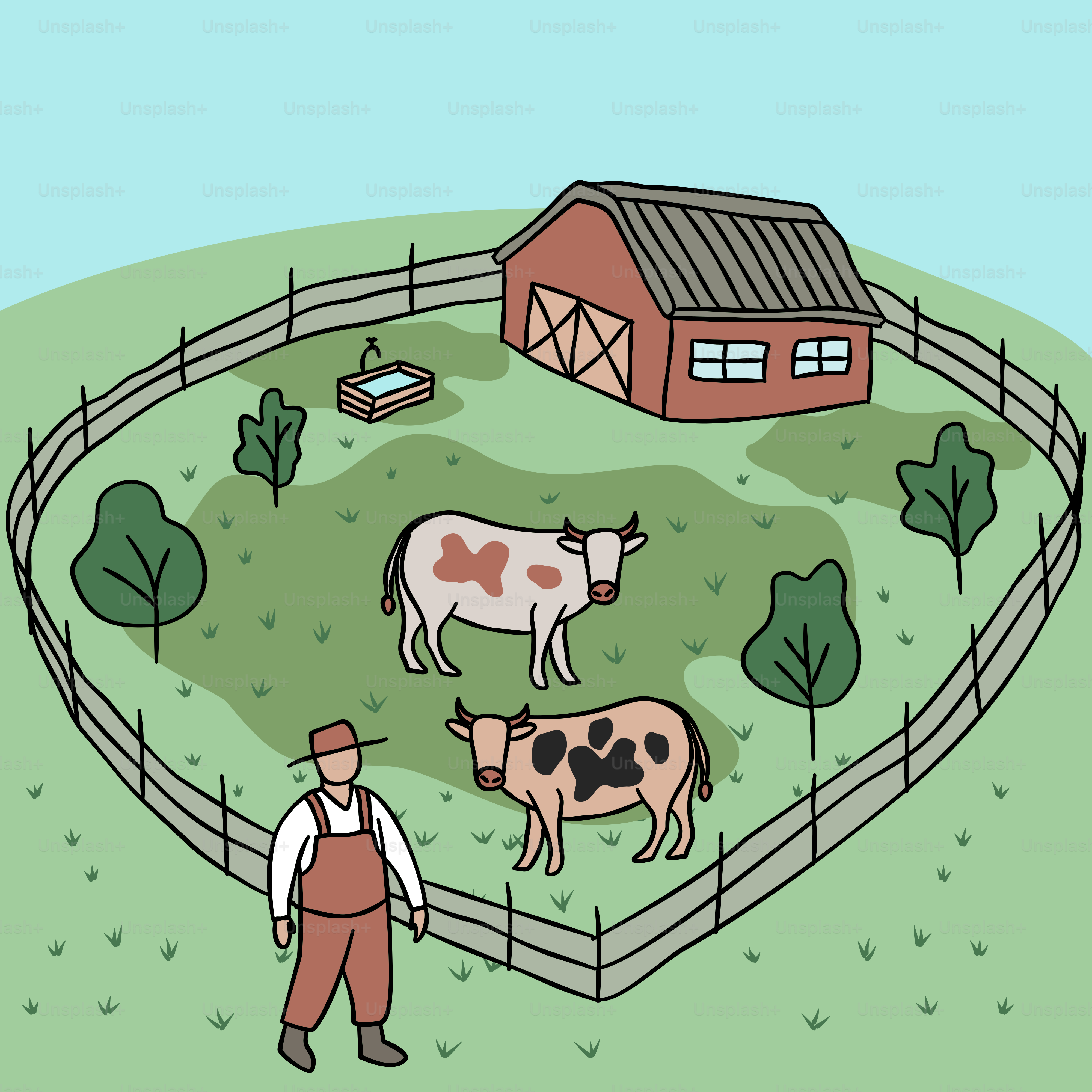 A man standing next to a cow in a fenced in area