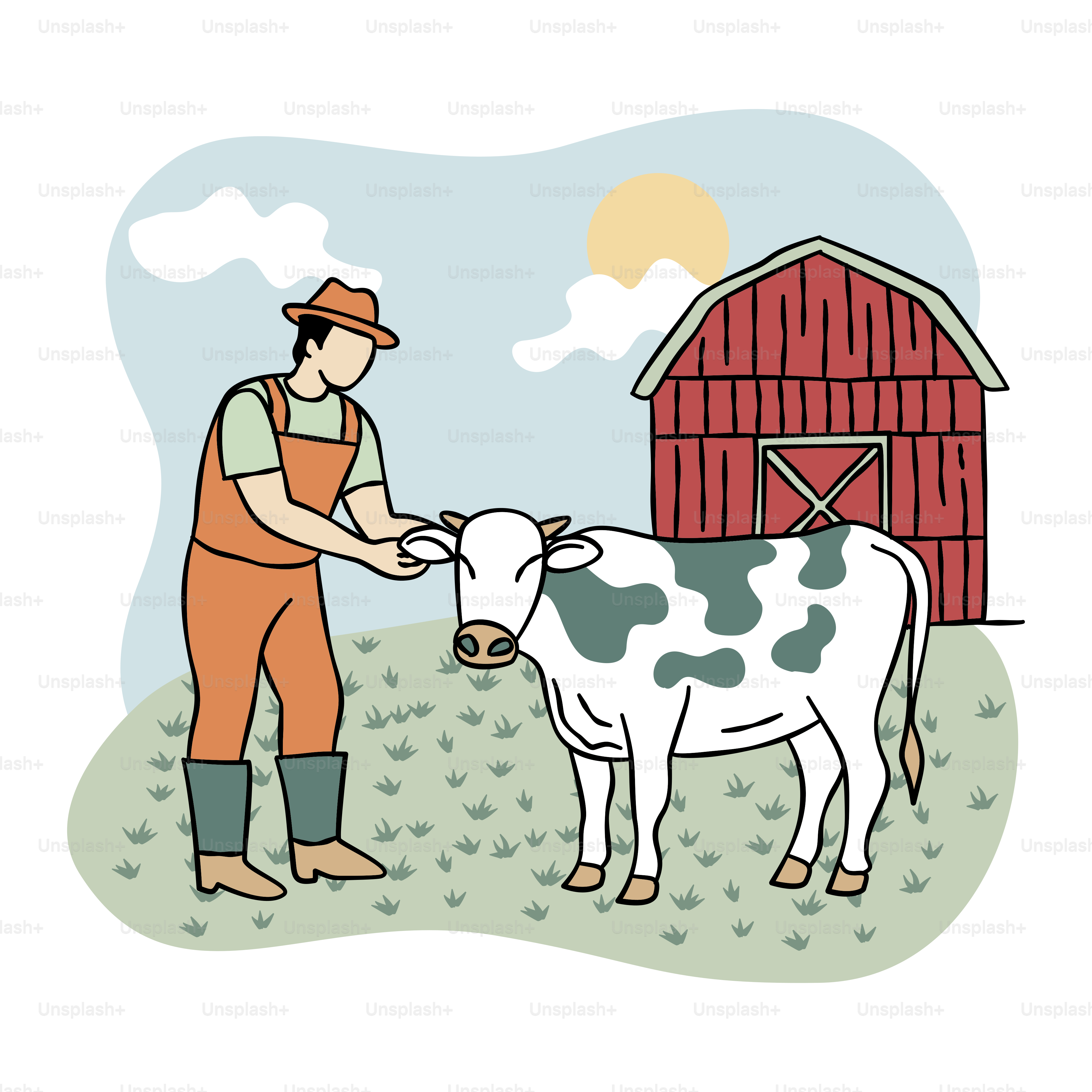 A man standing next to a cow in a field