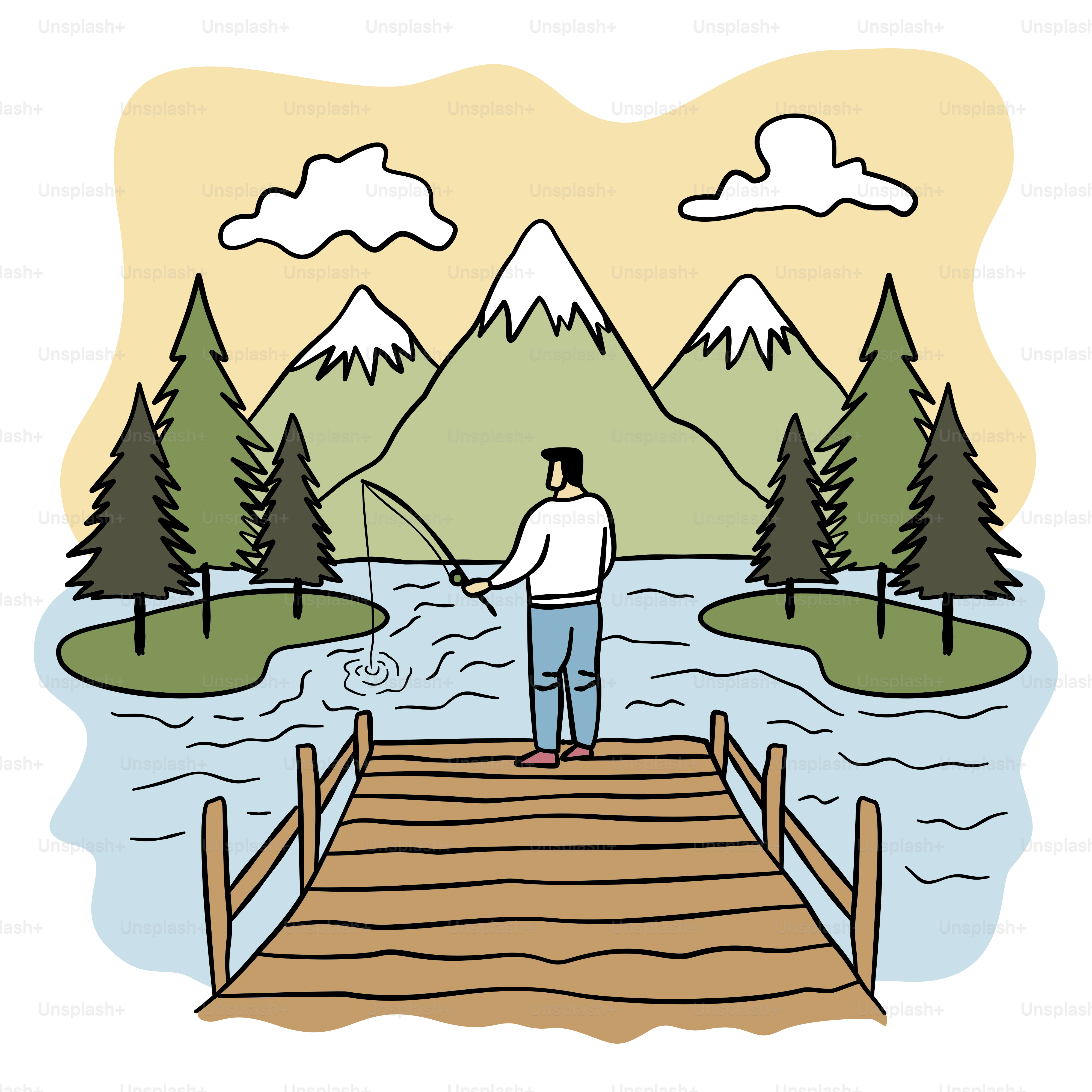 Ein Mann, der mit einer Angelrute auf einem Steg steht