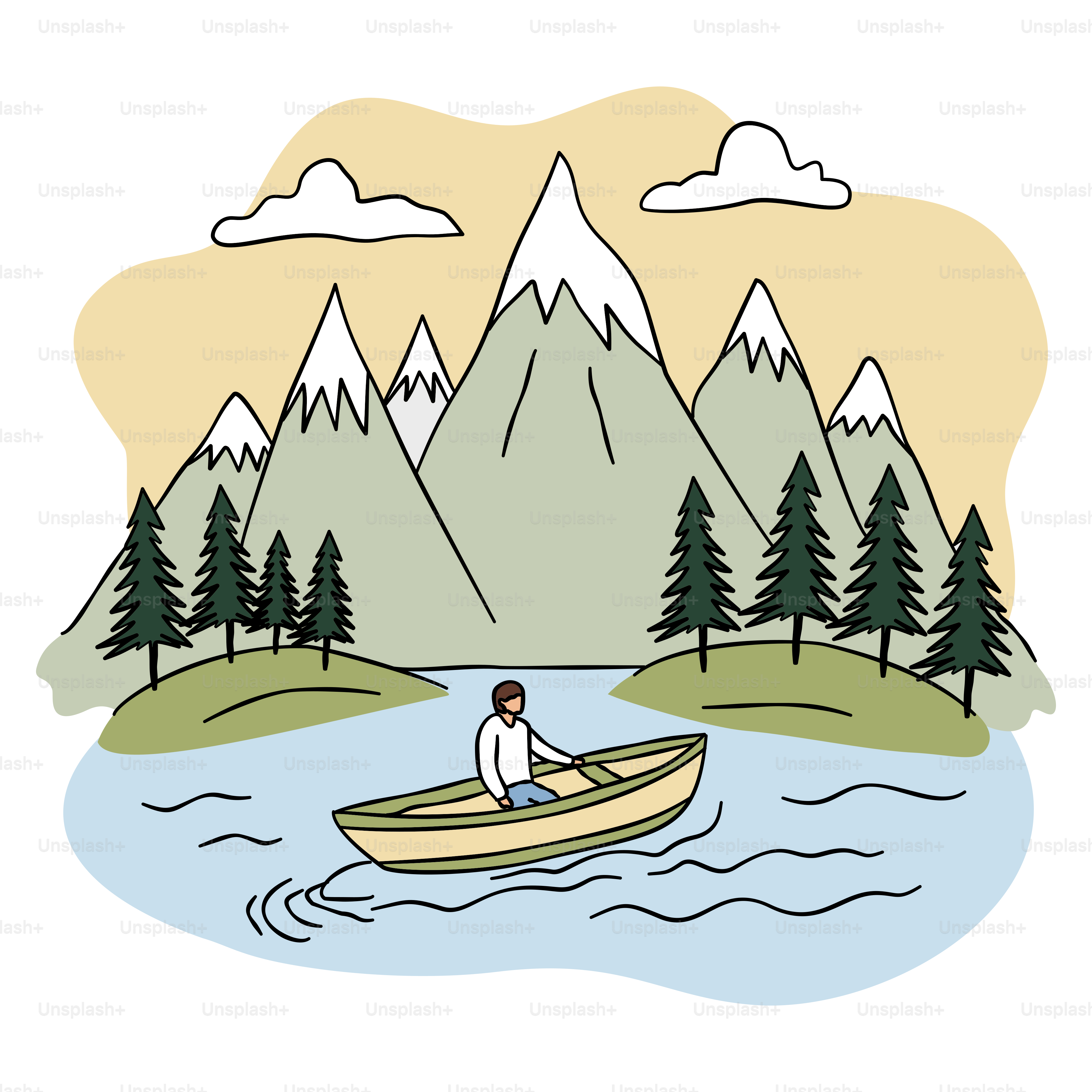 Ein Mann in einem Boot auf einem von Bergen umgebenen See