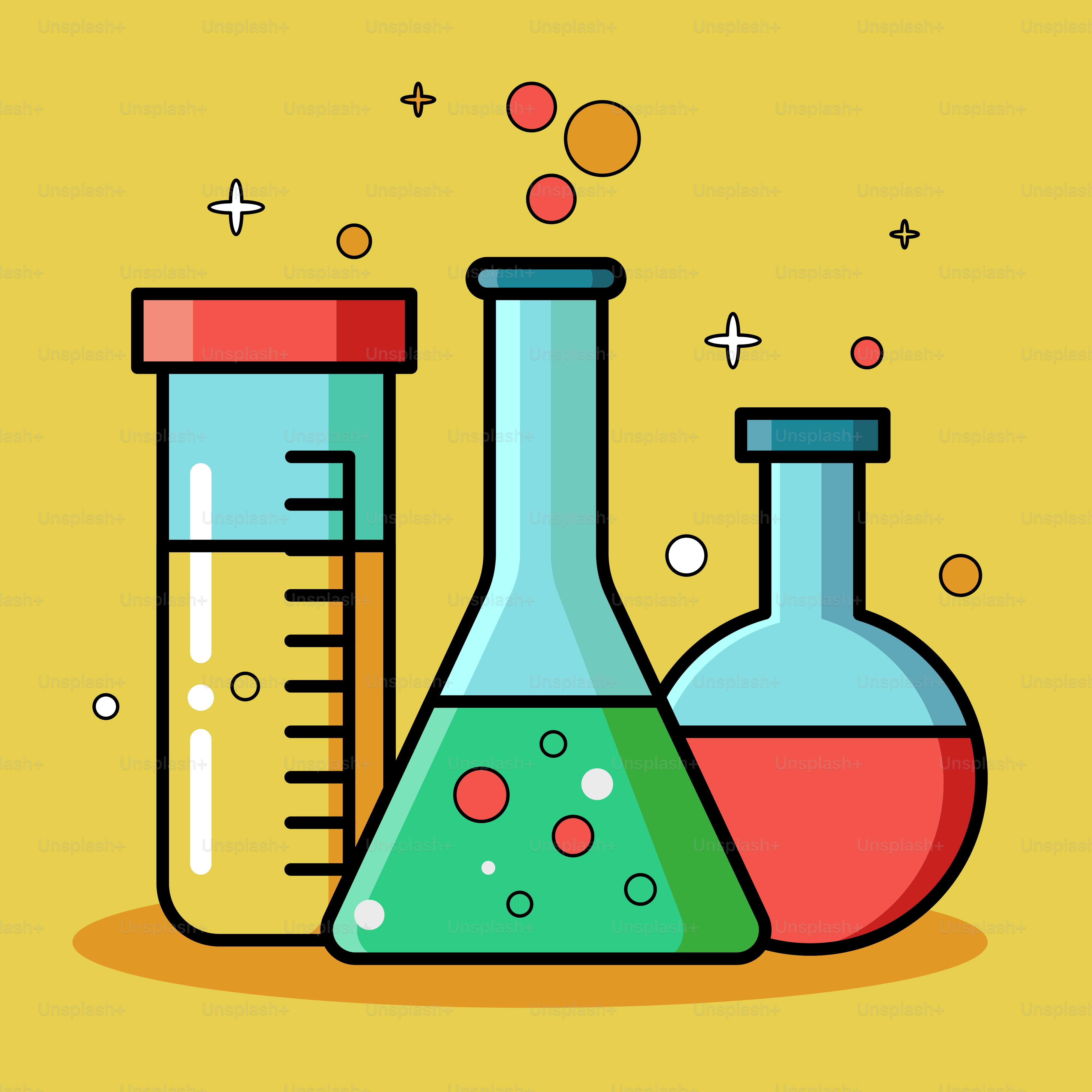 Ein gelber Hintergrund mit zwei Flaschen und einem Reagenzglas