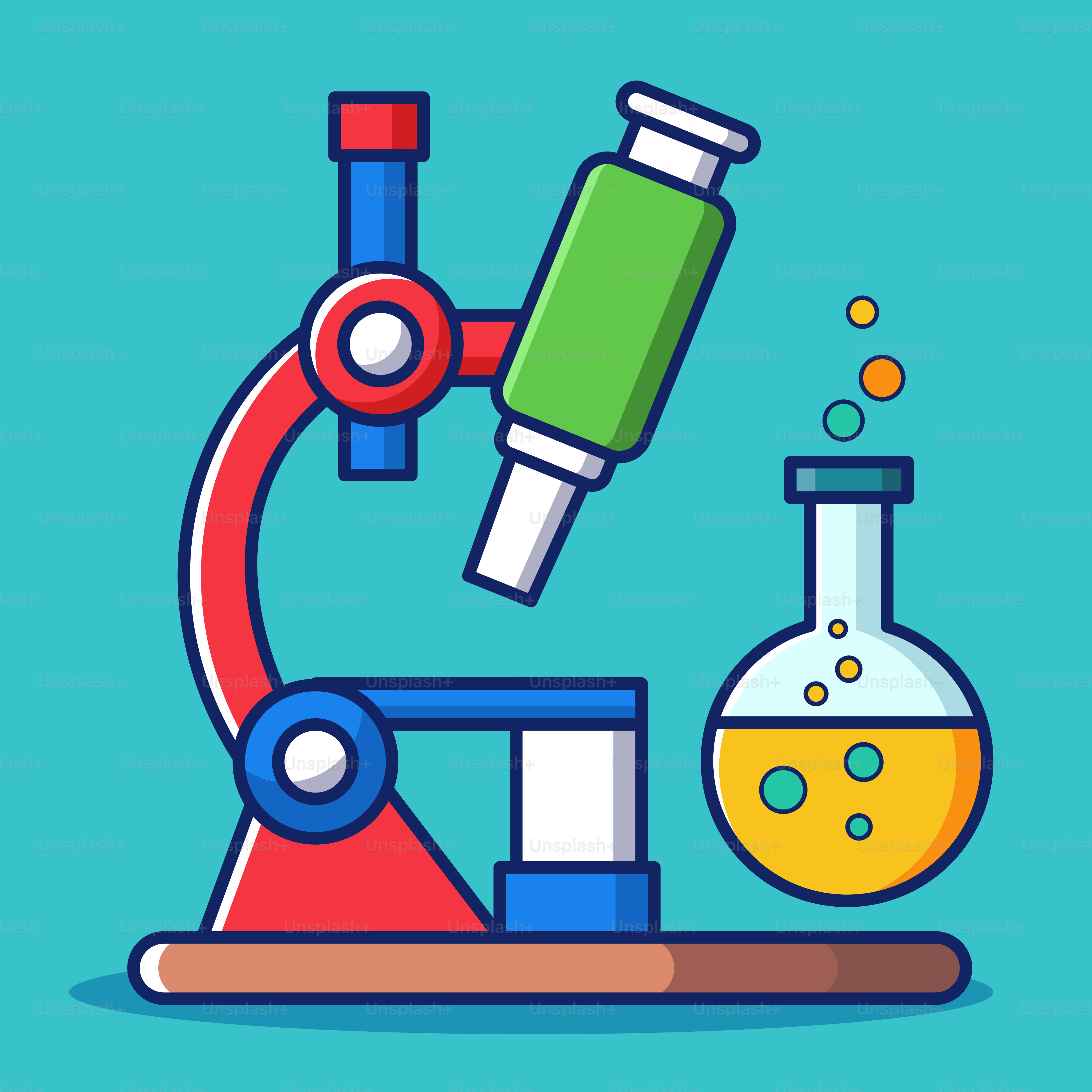 A microscope and a flask filled with liquid